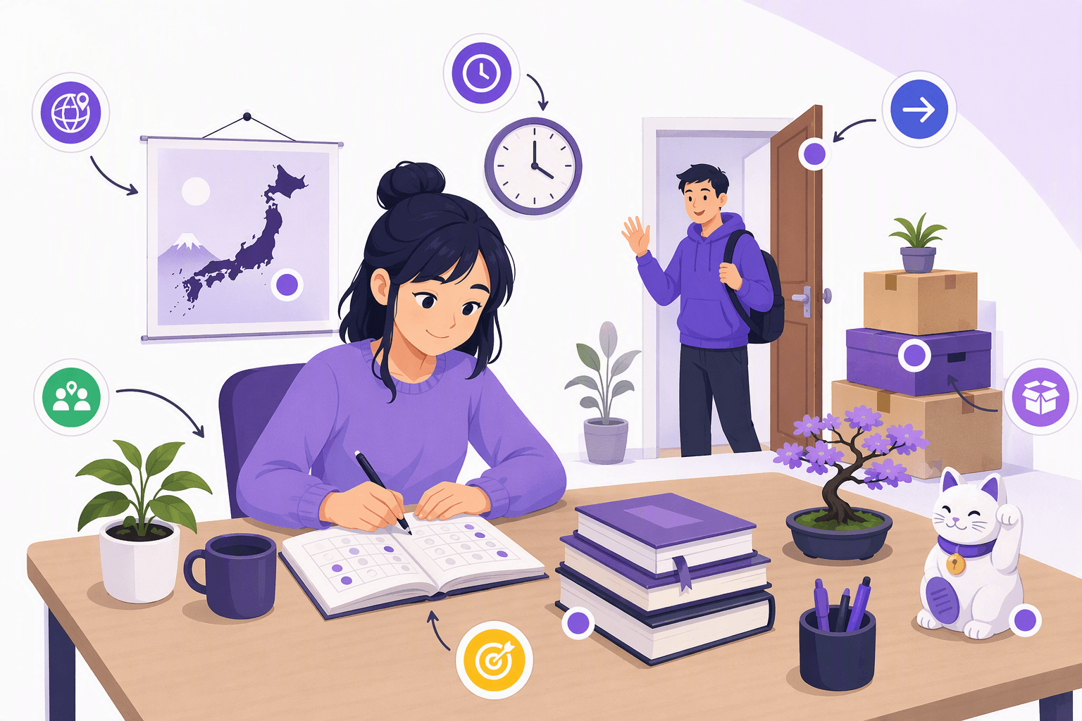 Flat-vector illustration of a learner studying Japanese while colored markers, arrows, a map, clock, doorway, and stacked boxes visually demonstrate place, direction, time, purpose, and relationships.