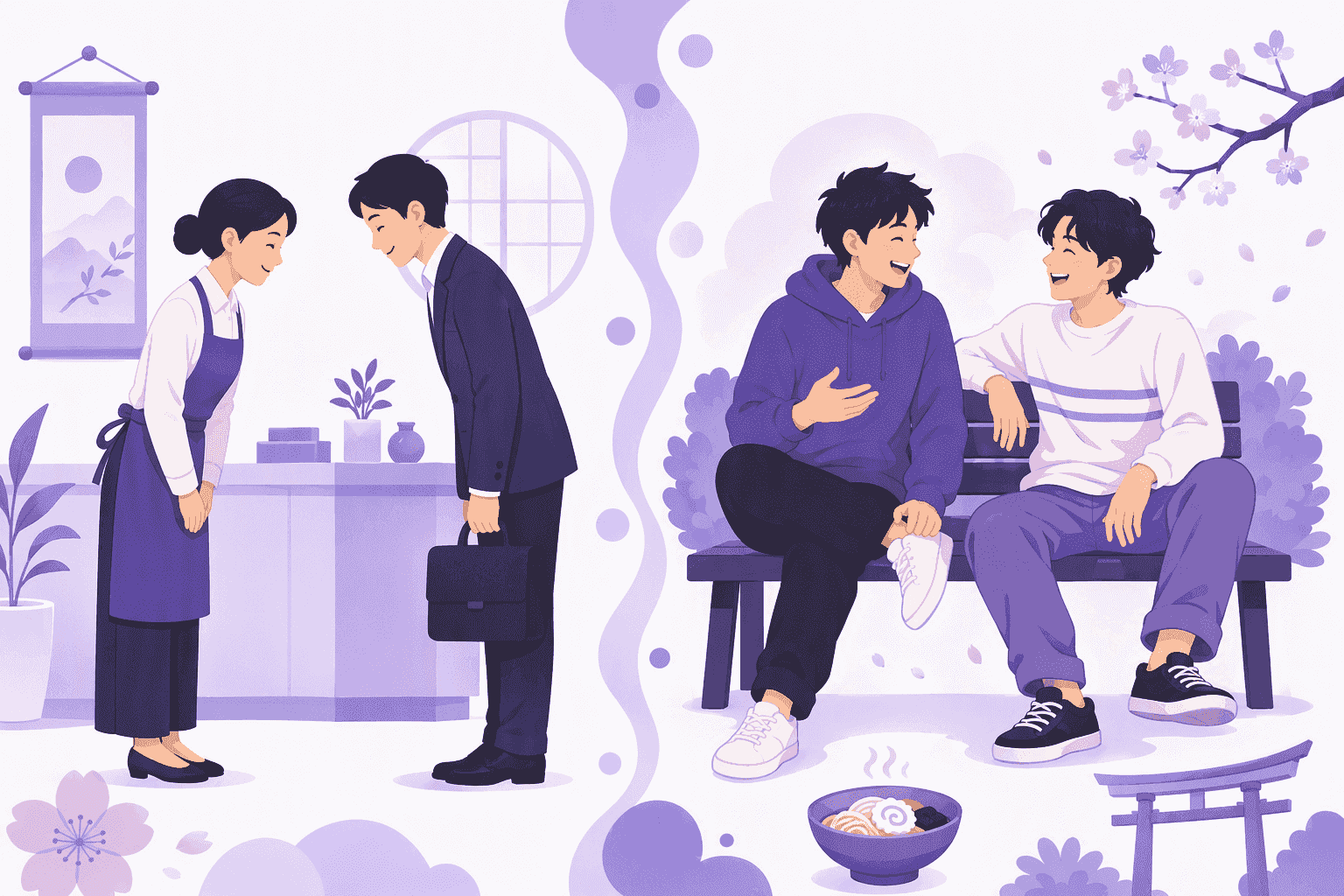 Split illustration of Japanese politeness levels: a shop assistant and a customer bowing to each other on one side, two friends chatting casually on a park bench on the other
