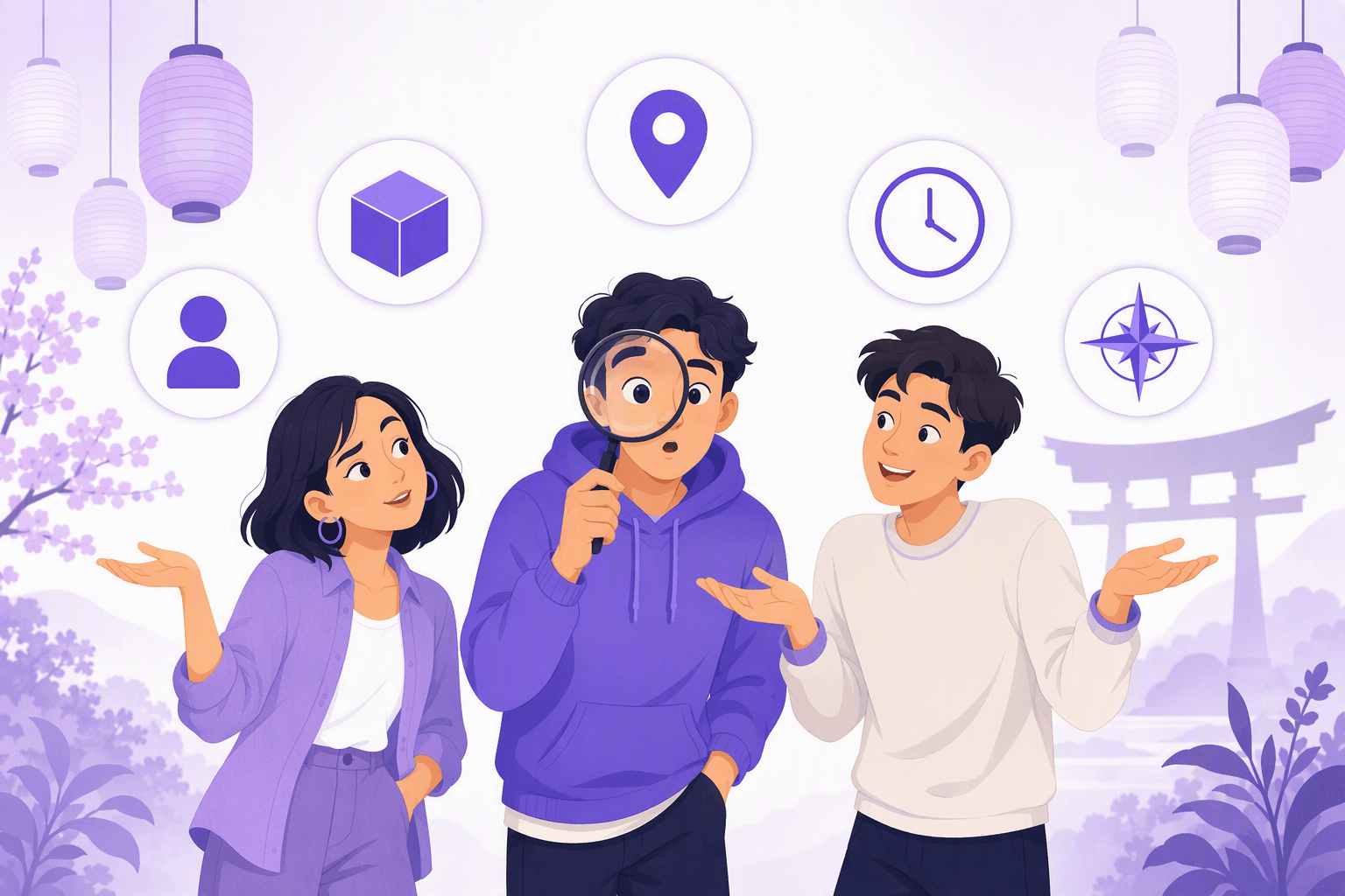 Three curious people surrounded by icons for who, what, where, when and how, illustrating Japanese question words