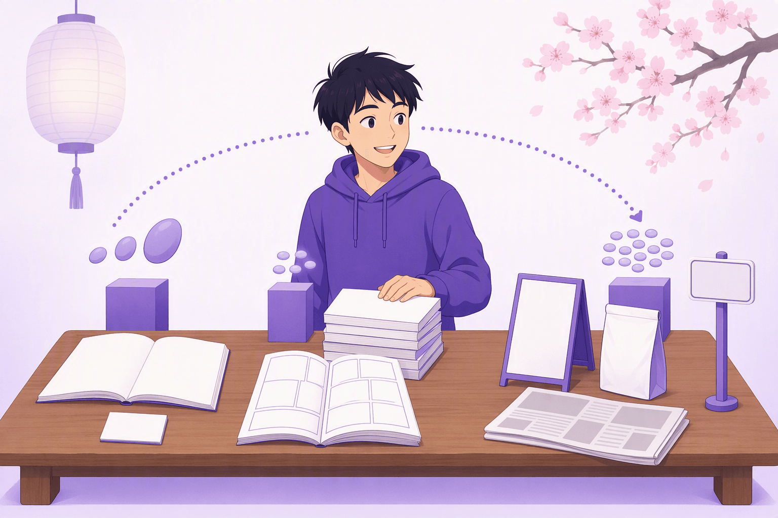 Wide table holding three groups of reading material that grow in density from left to right: a thin open picture book with blank pages beside a blank flashcard and a few large rounded shapes, a stack of blank comic volumes with an open page of empty panels and tiny rounded shapes hovering above plain square blocks, and a blank menu board, a plain product package, a folded newspaper and a blank street sign, with a learner resting one hand on the middle group and a dotted arc curving over all three