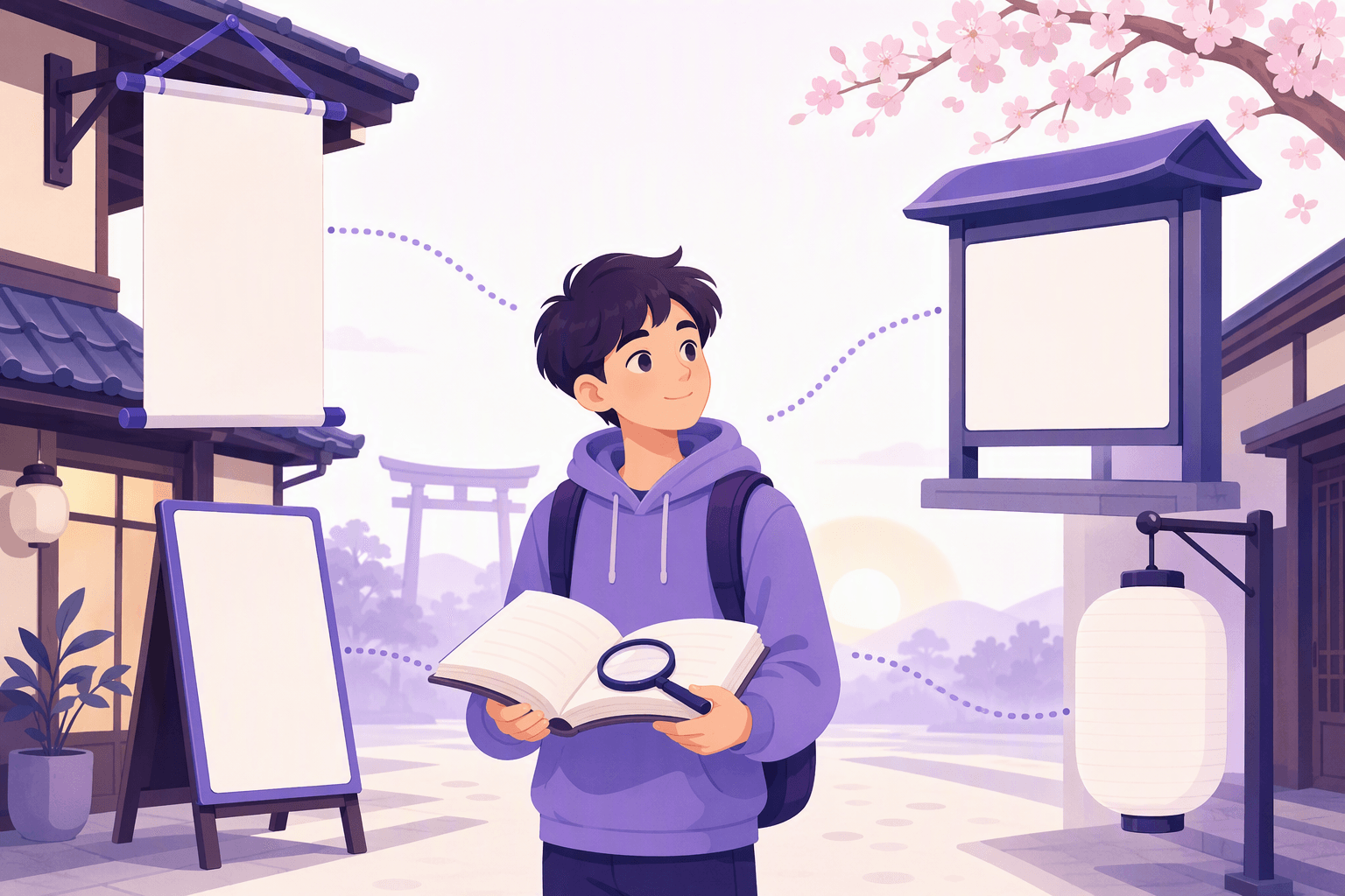 Learner in a purple hoodie holding an open book with a magnifying glass, standing on a Japanese street among blank shop banners, a blank noticeboard and a blank sandwich board linked by dotted lines, with a torii gate, a paper lantern and cherry blossoms behind
