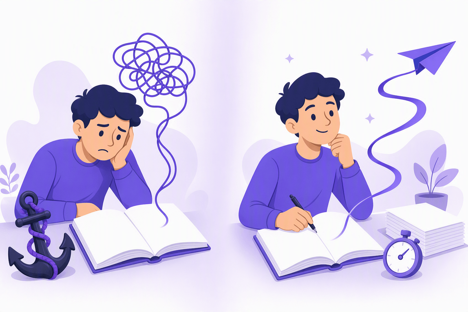 Two-panel comparison of the same reader: on the left a frustrated learner beside an anchor, with a tangled thread rising from a blank open book, on the right the same learner writing calmly while a smooth ribbon lifts into a paper plane, next to a stopwatch and a growing stack of finished pages