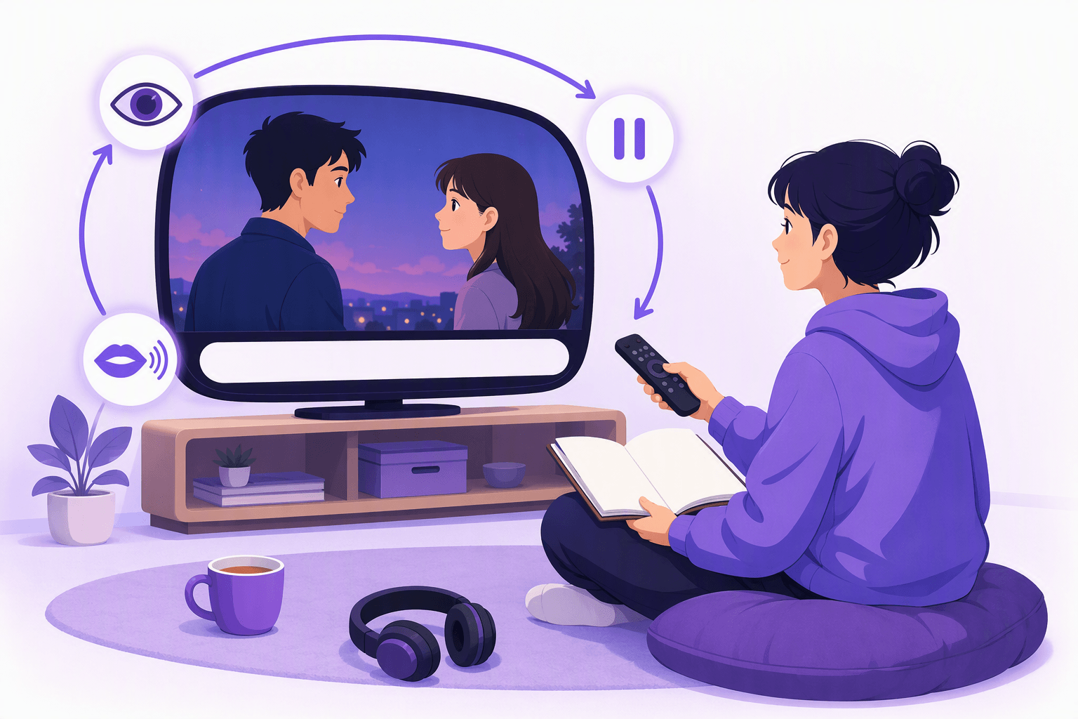 Learner sitting on a floor cushion with an open notebook and a remote control, facing a television where two characters talk under a blank subtitle bar, with an eye icon, a pause icon and a speaking-mouth icon joined by circular arrows to show three viewing passes