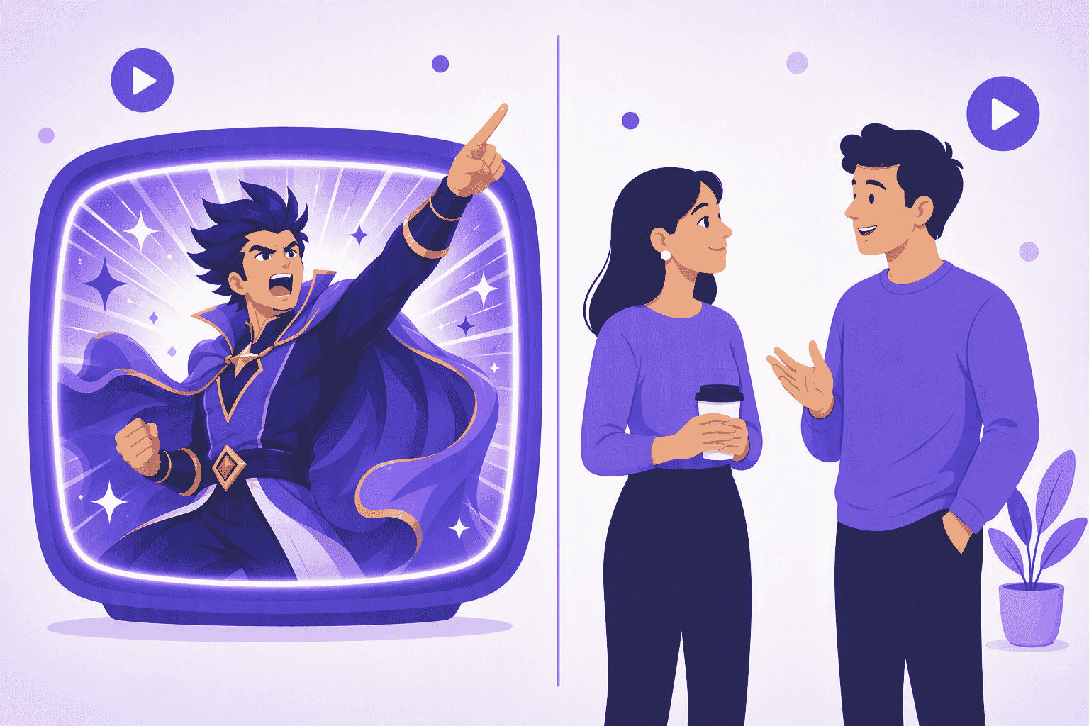 On the left, a dramatic cartoon hero strikes an exaggerated pose inside a glowing television screen surrounded by action lines; on the right, two ordinary people stand facing each other in a calm, natural everyday conversation
