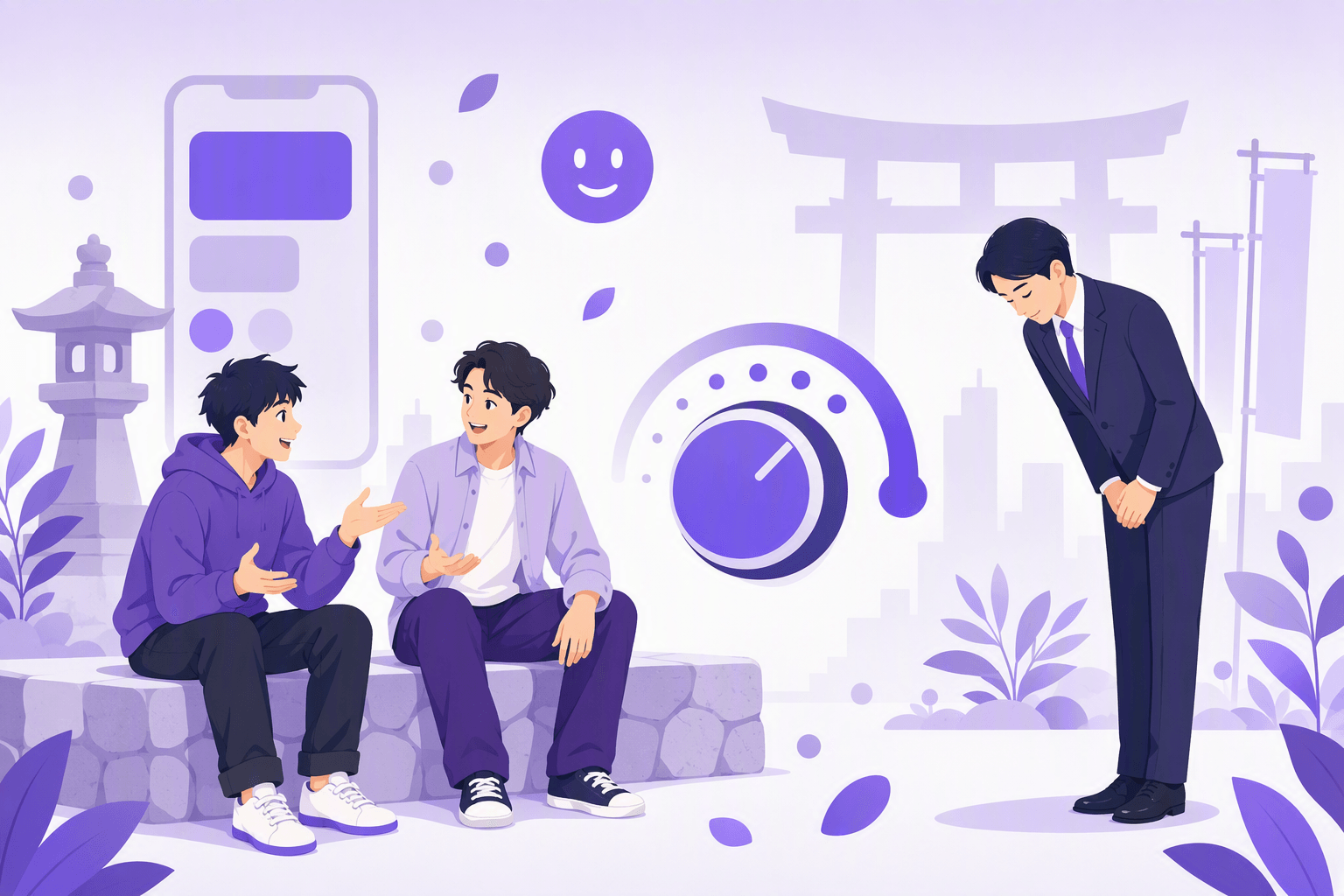 Two young friends sitting on a bench and talking casually with relaxed gestures, while a man in a business suit bows politely nearby and a large dial between them suggests turning the level of formality up or down