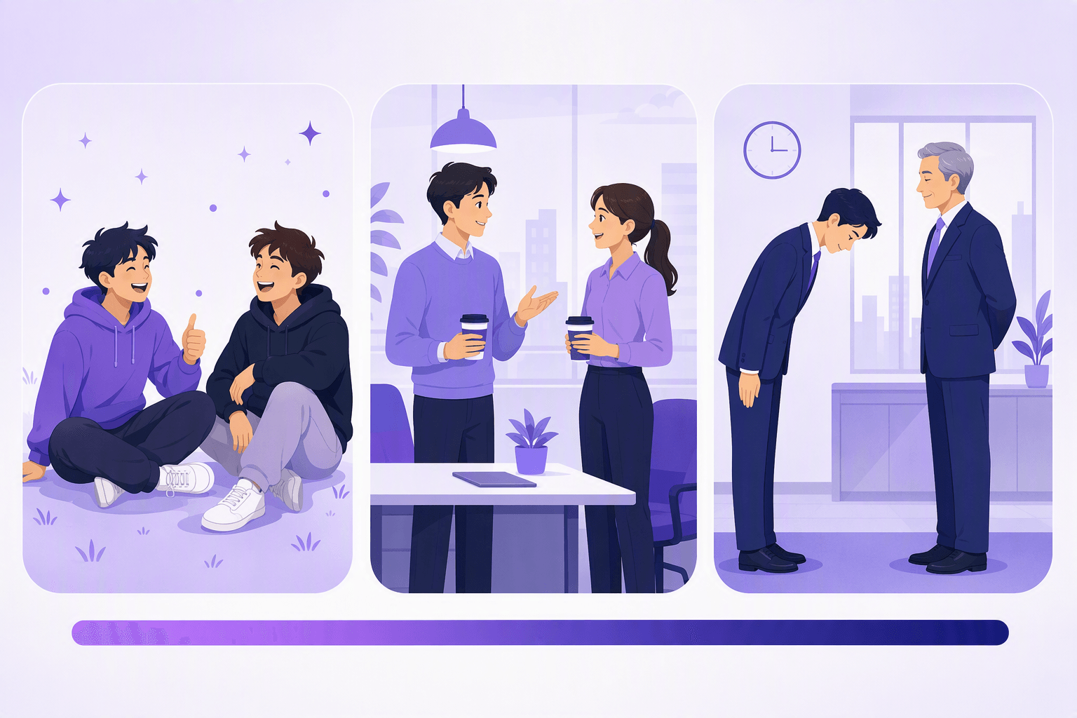 Three settings side by side: relaxed friends, friendly coworkers, and a formal bow to a senior manager