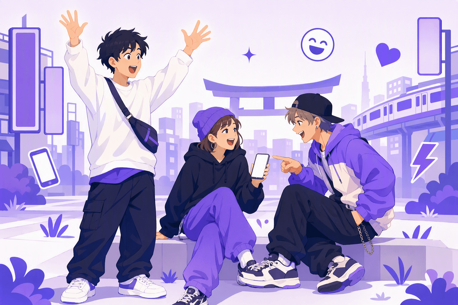 Three young Japanese friends laughing and reacting to each other with slang on a Tokyo street