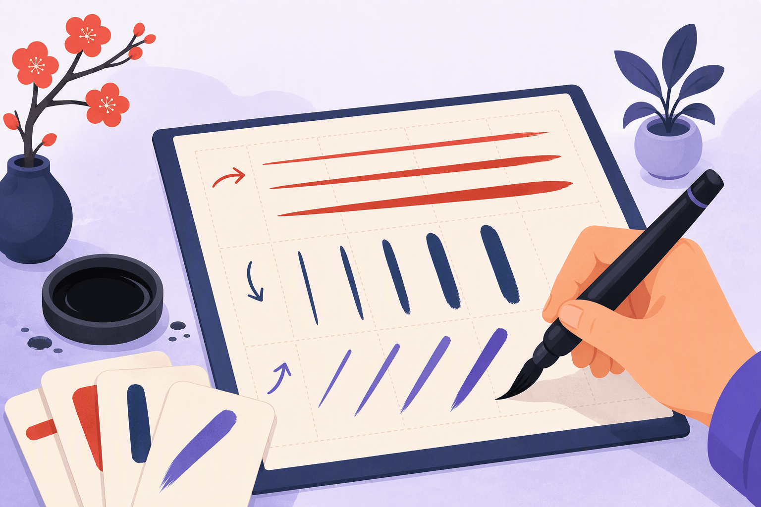 Flat-vector illustration of a hand practicing ordered horizontal, vertical, and angled brush strokes on a gridded sheet beside an ink dish and practice cards, with directional arrows and no text.