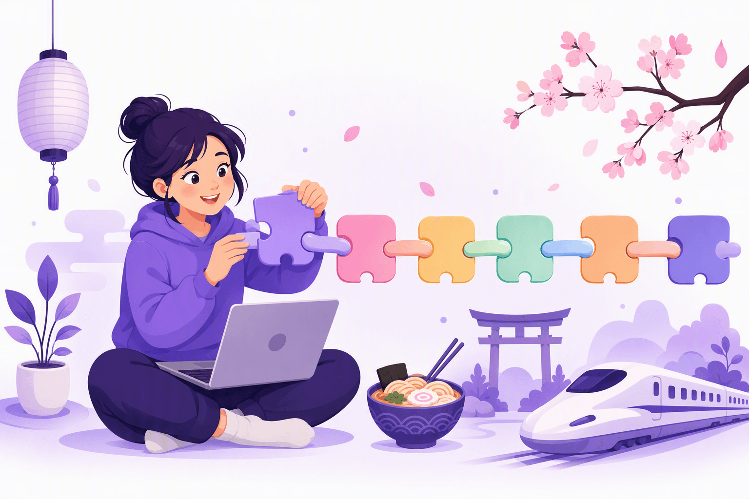 A learner joining interlocking puzzle pieces into a single chain, surrounded by Japanese scenery, illustrating how te-form links actions together