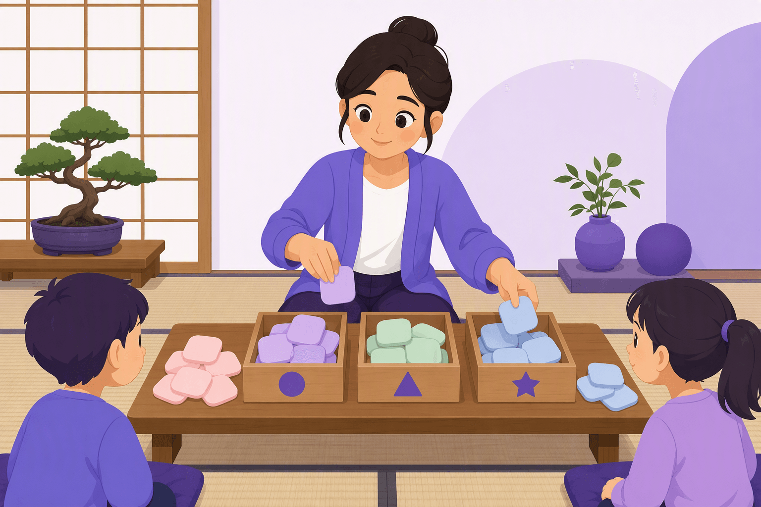 A teacher and two students sorting blank tiles into three separate trays marked with a circle, a triangle and a star, illustrating the three Japanese verb groups