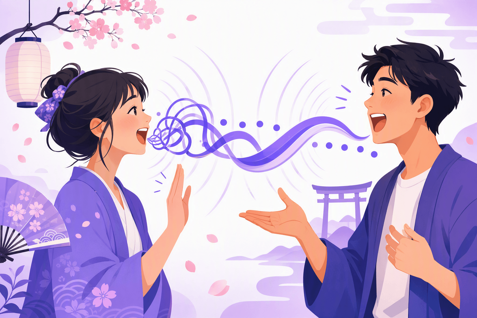 Two friends practicing Japanese tongue twisters face to face, a tangled ribbon of speech unwinding into a smooth rhythm of even beats