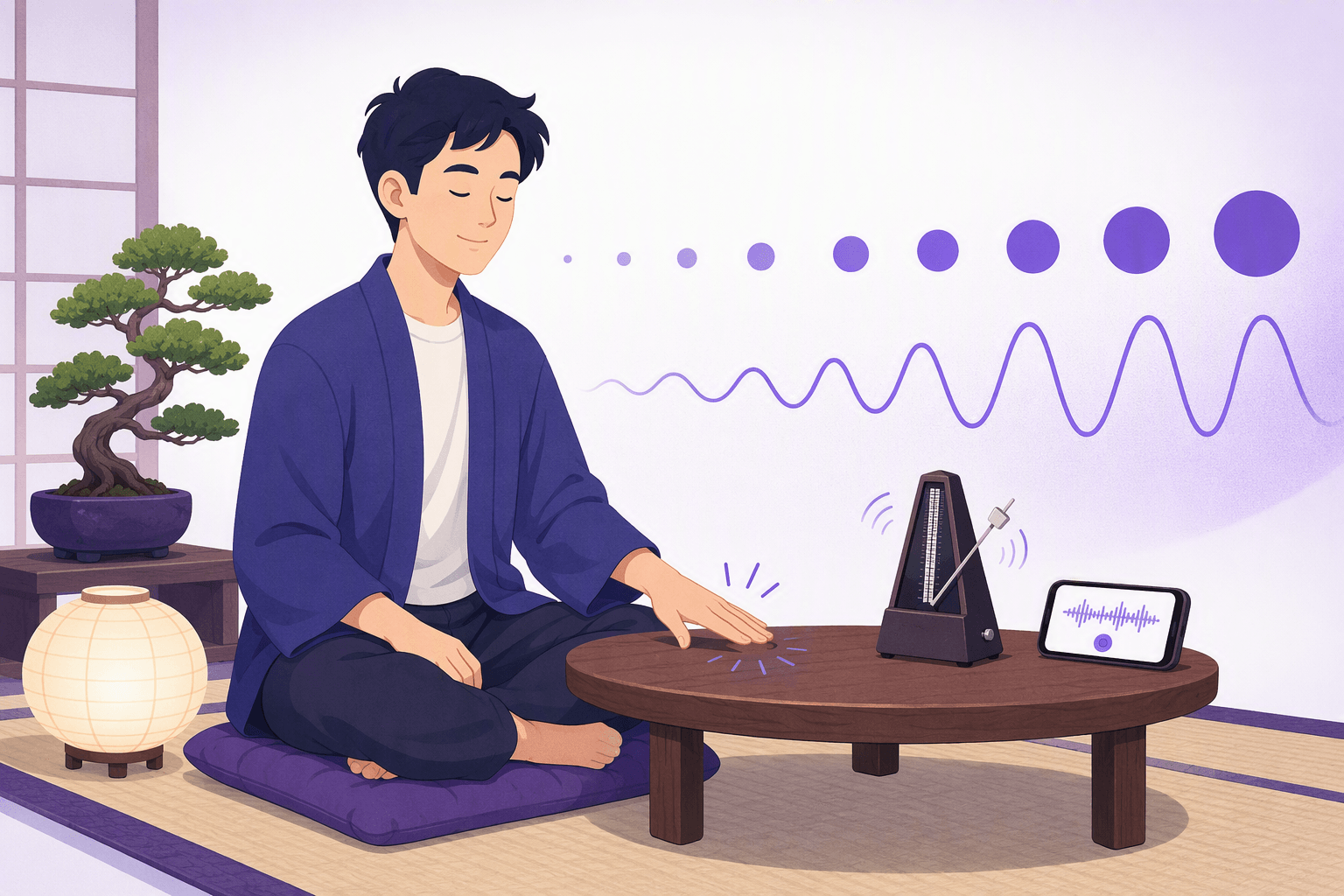 A learner tapping a steady beat beside a metronome, with evenly spaced rhythm dots and a recording waveform showing mora-by-mora practice
