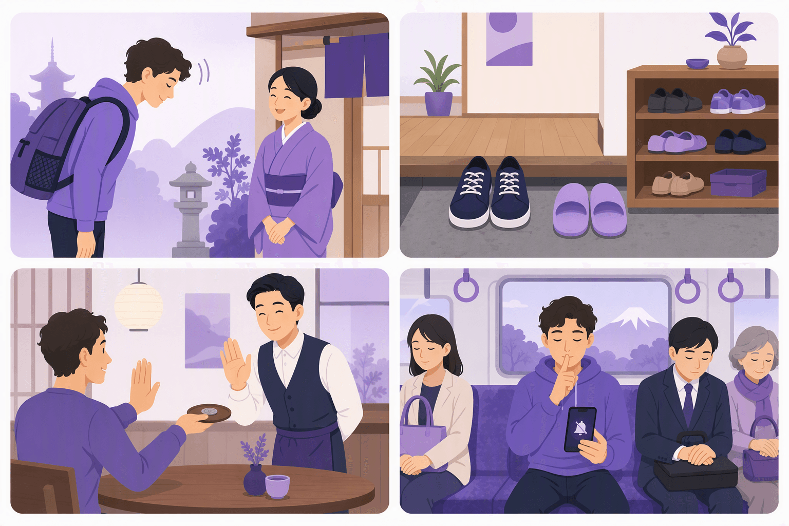 Four Japanese etiquette scenes: a light bow of greeting, shoes left at a genkan entryway beside slippers, a waiter politely declining a tip, and a passenger switching a phone to silent mode on a train