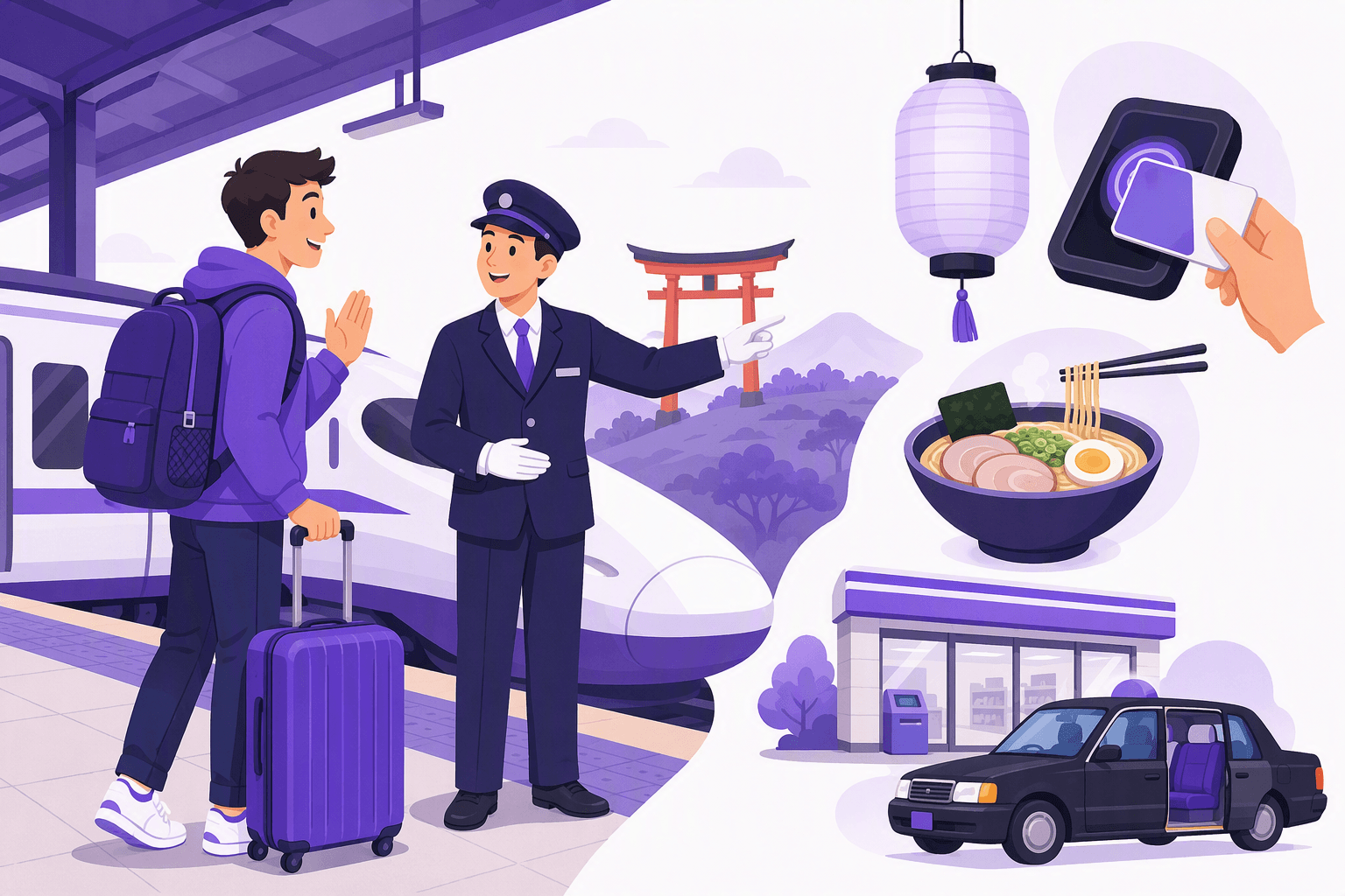 Traveler with a suitcase asking a Japanese station attendant for directions, surrounded by icons of a bullet train, torii gate, IC transit card, ramen bowl, convenience store and taxi