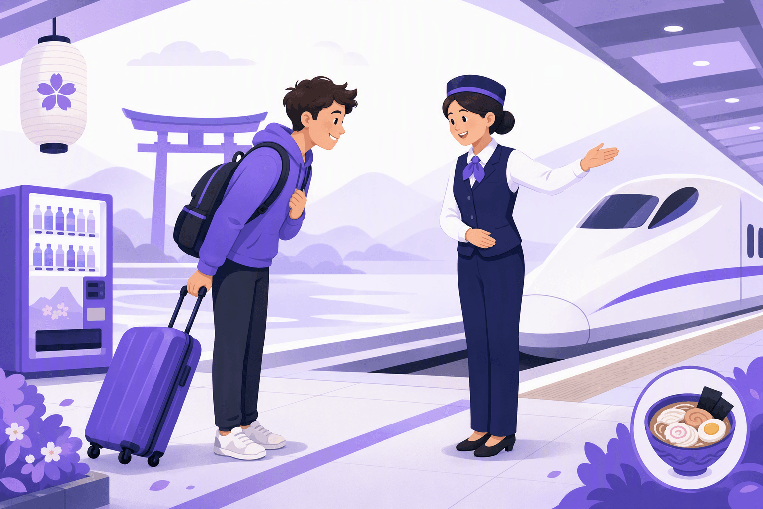 A traveler with a suitcase bowing politely to a Japanese station attendant on a platform, with a bullet train, a vending machine and a torii gate in the background