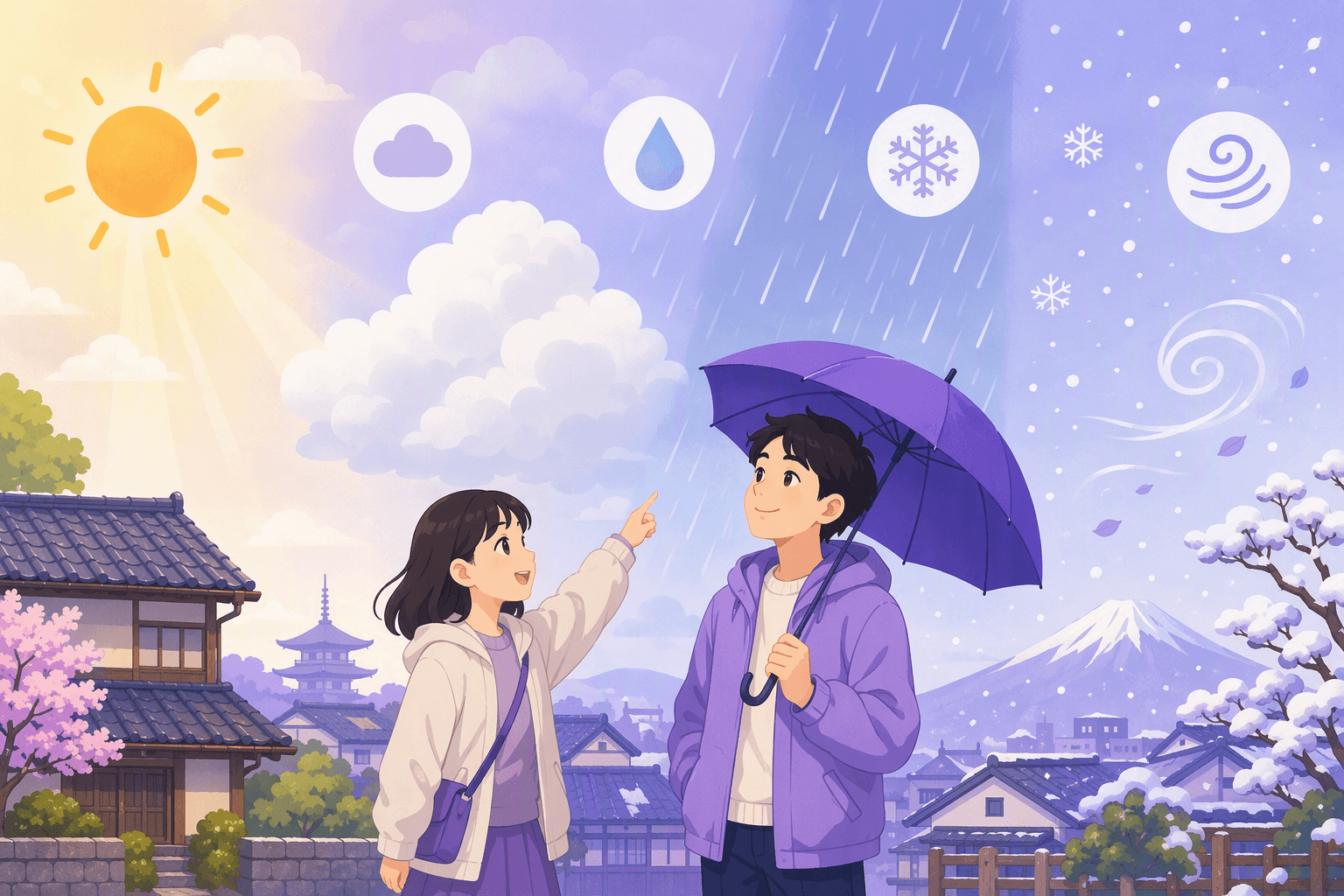 Two friends in a Japanese town look up at a sky that shifts from sunshine to clouds, rain and snow, with weather icons floating above them
