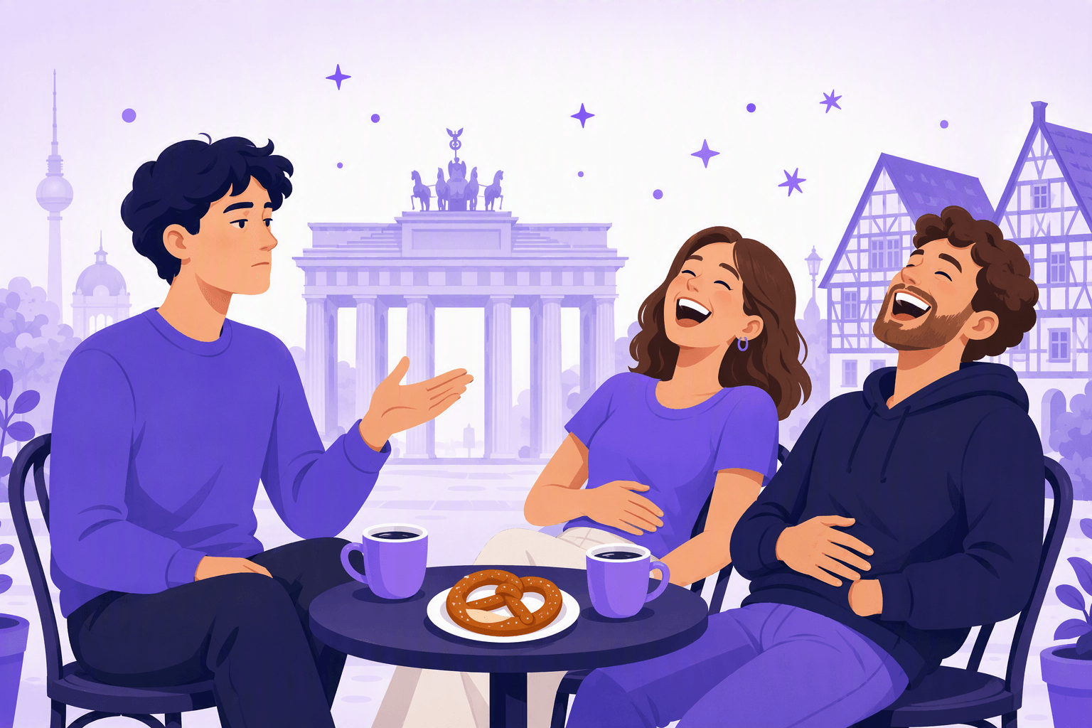 Three friends at a German cafe table, one delivering a joke with a deadpan face while the other two laugh