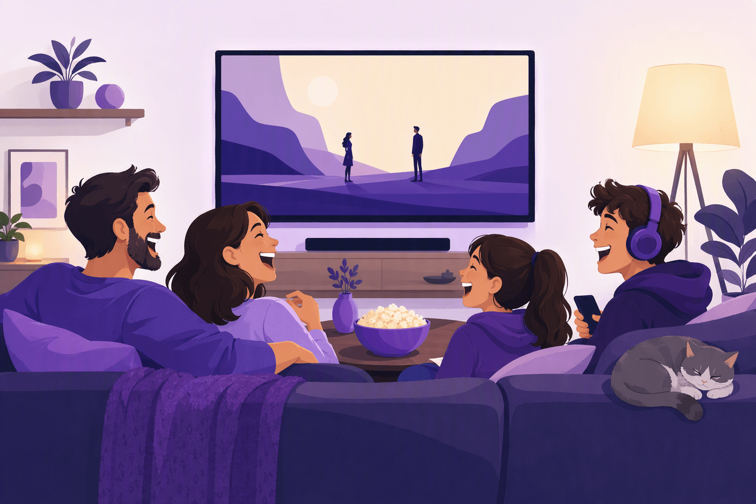 A family laughing together on the sofa while watching a film, with a teenager listening on headphones