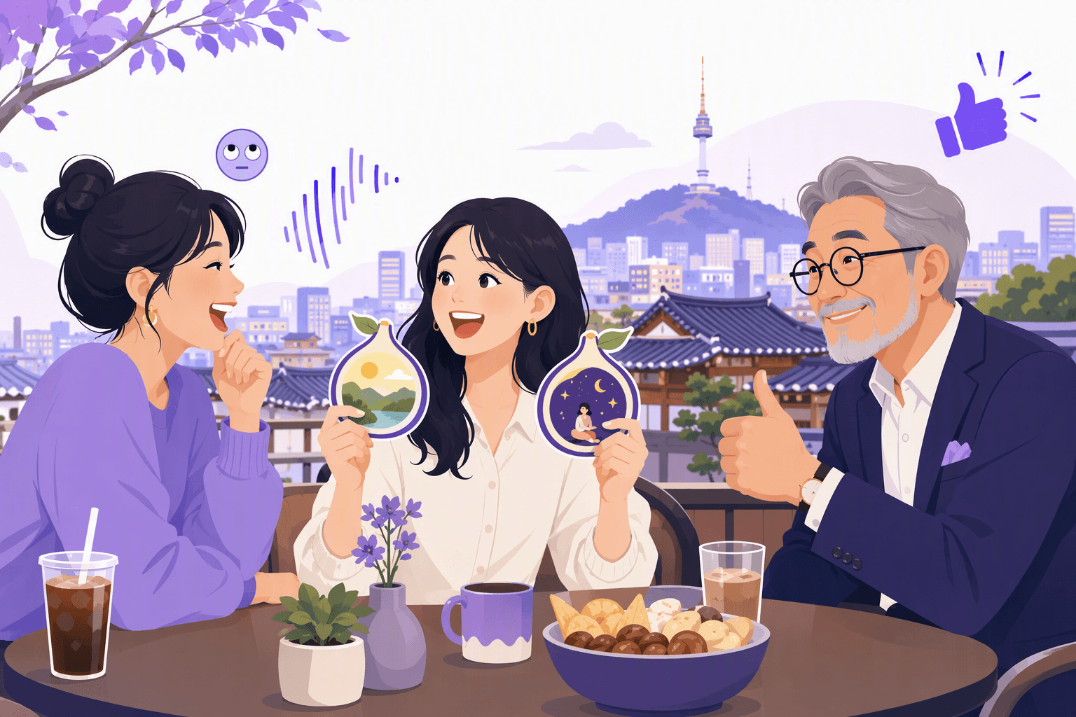 Two Korean friends laugh over a visual sound-alike joke while an older man gives a corny thumbs-up, with playful reaction icons, snacks, and Seoul rooftops around them.
