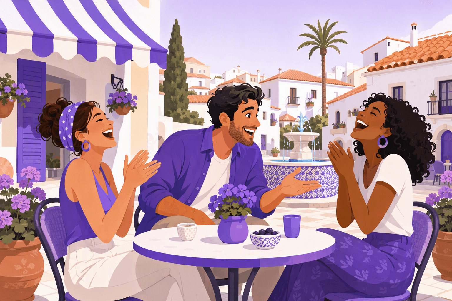 Three friends laughing together around a cafe table on a sunny Spanish plaza while one of them tells a joke with an animated gesture
