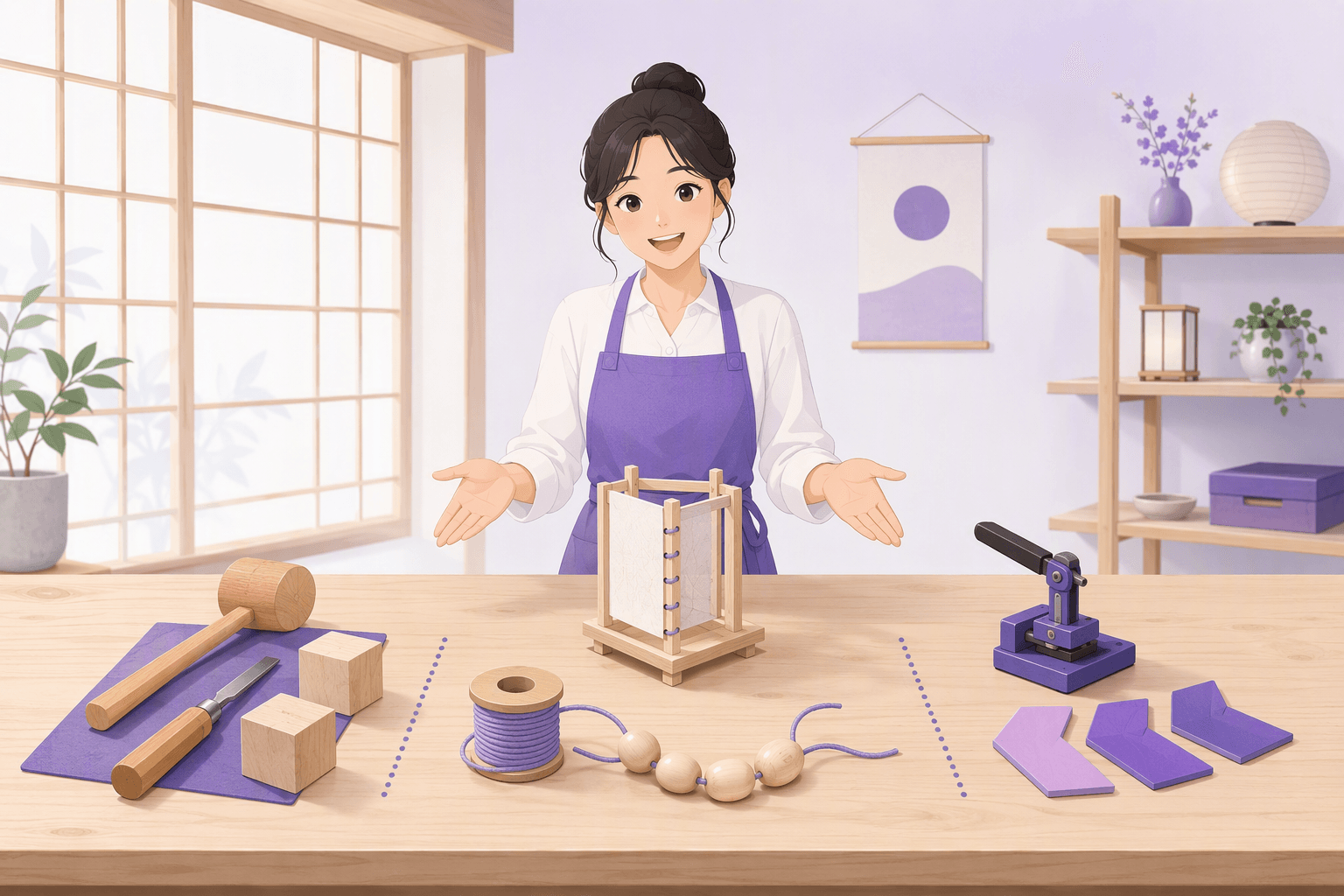 Uma artesã de pé atrás de uma longa bancada de trabalho numa oficina japonesa luminosa, a apresentar três conjuntos de ferramentas dispostos lado a lado - um maço com um cinzel e blocos de madeira, um carretel de cordão com contas enfiadas, e uma pequena prensa com marcadores angulares - ilustrando os três sistemas de escrita japoneses como três ferramentas numa mesma oficina
