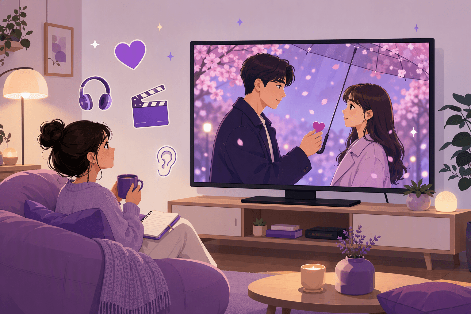 A viewer curled up on a sofa with a mug and a notebook, watching a Korean drama couple on a large television screen surrounded by heart, headphone and film-clapper icons