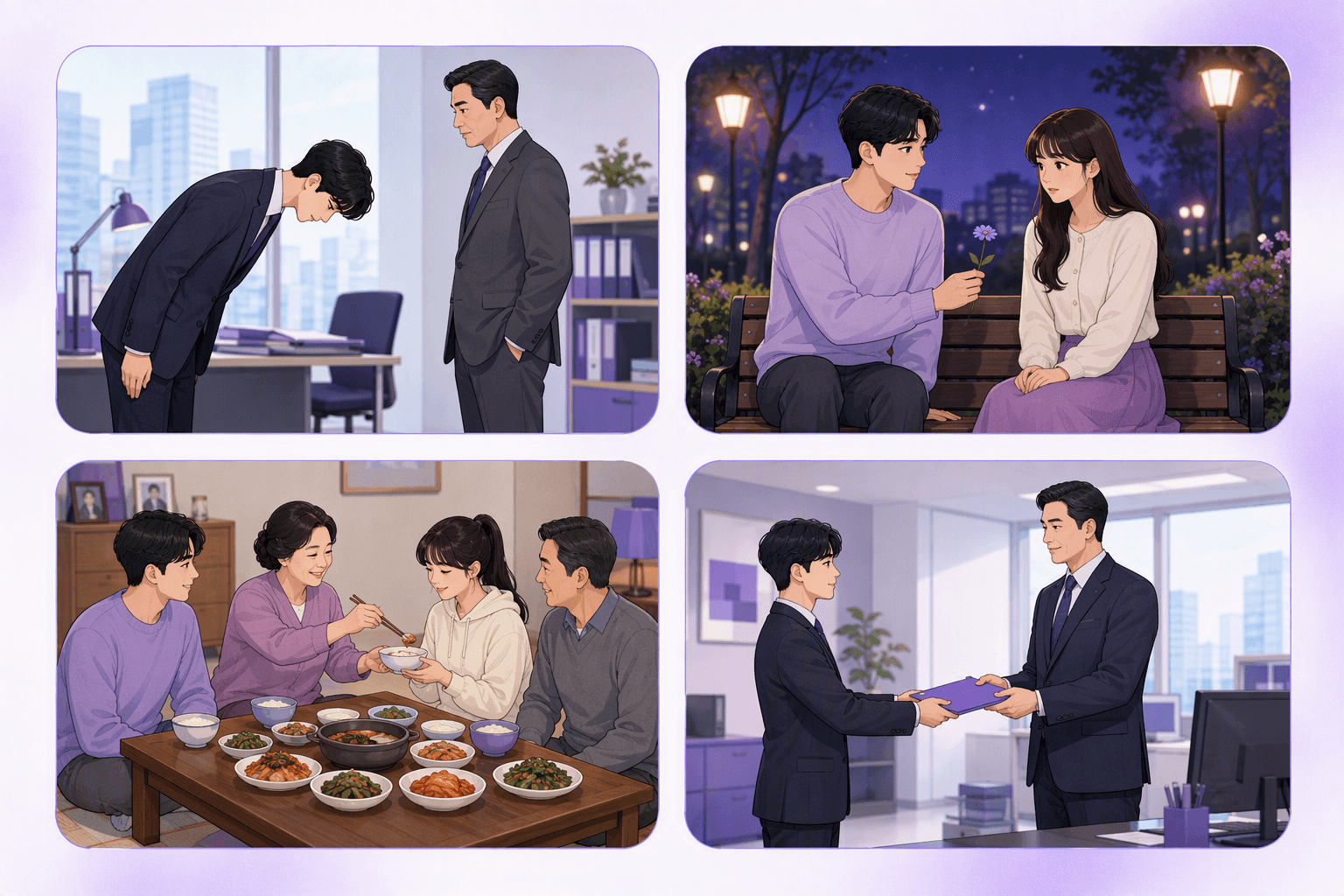 Four illustrated panels showing typical Korean drama scene types: a deep bow of apology in an office, a shy confession on a park bench, a grandmother placing food in a young person's bowl, and a junior handing a folder to a senior with both hands