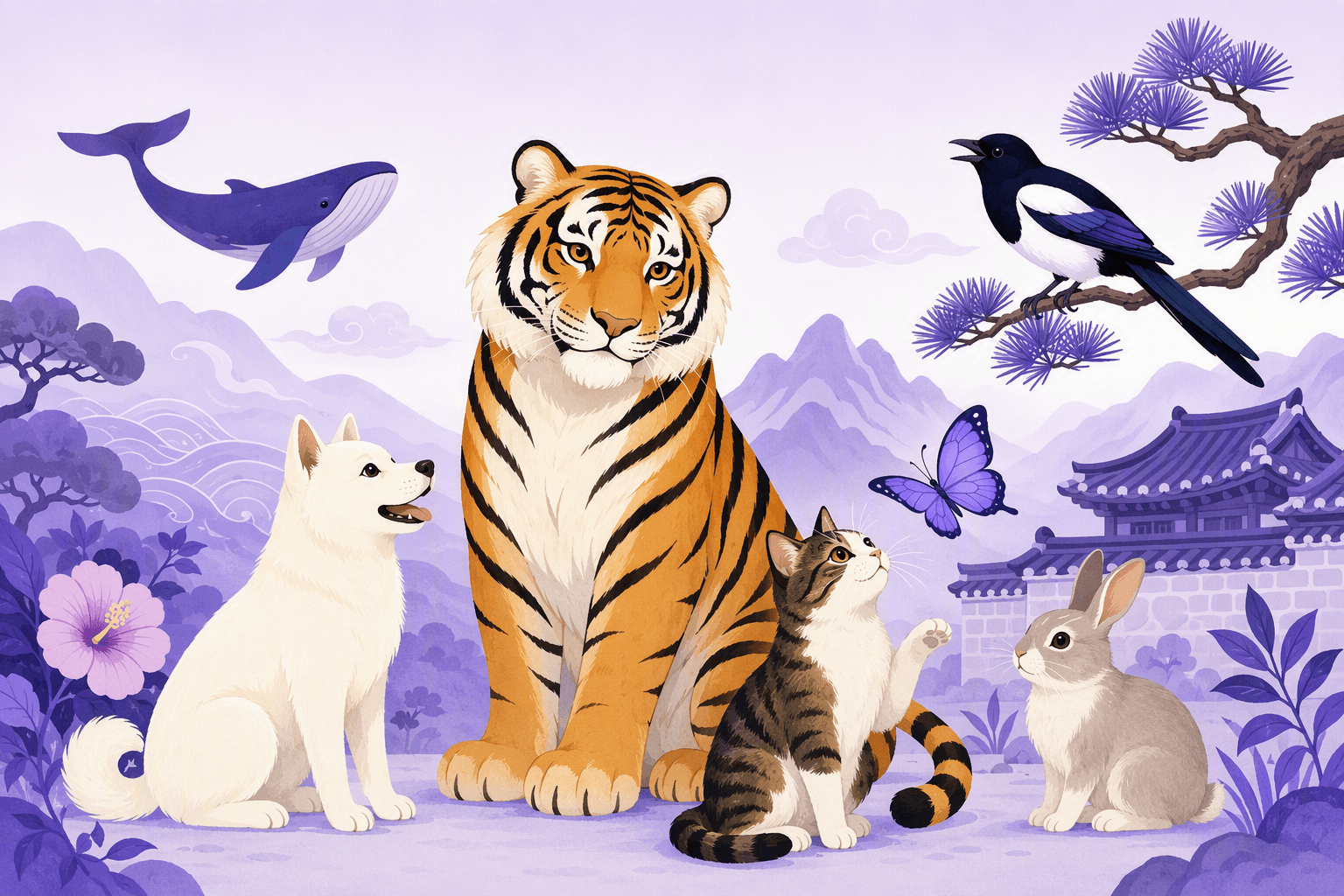 Illustration of animals central to Korean language and culture: a tiger, a white Jindo dog, a magpie on a pine branch, a cat, a rabbit, a whale and a butterfly against Korean mountains and a tiled roofline