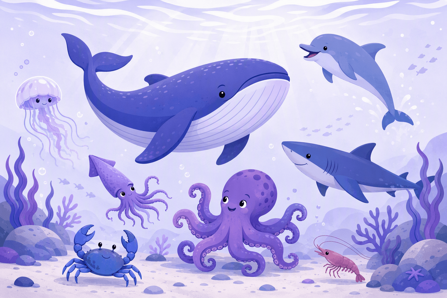 Underwater illustration of the sea creatures named in this section: whale, dolphin, shark, octopus, squid, blue crab, jellyfish and shrimp among seaweed and rocks