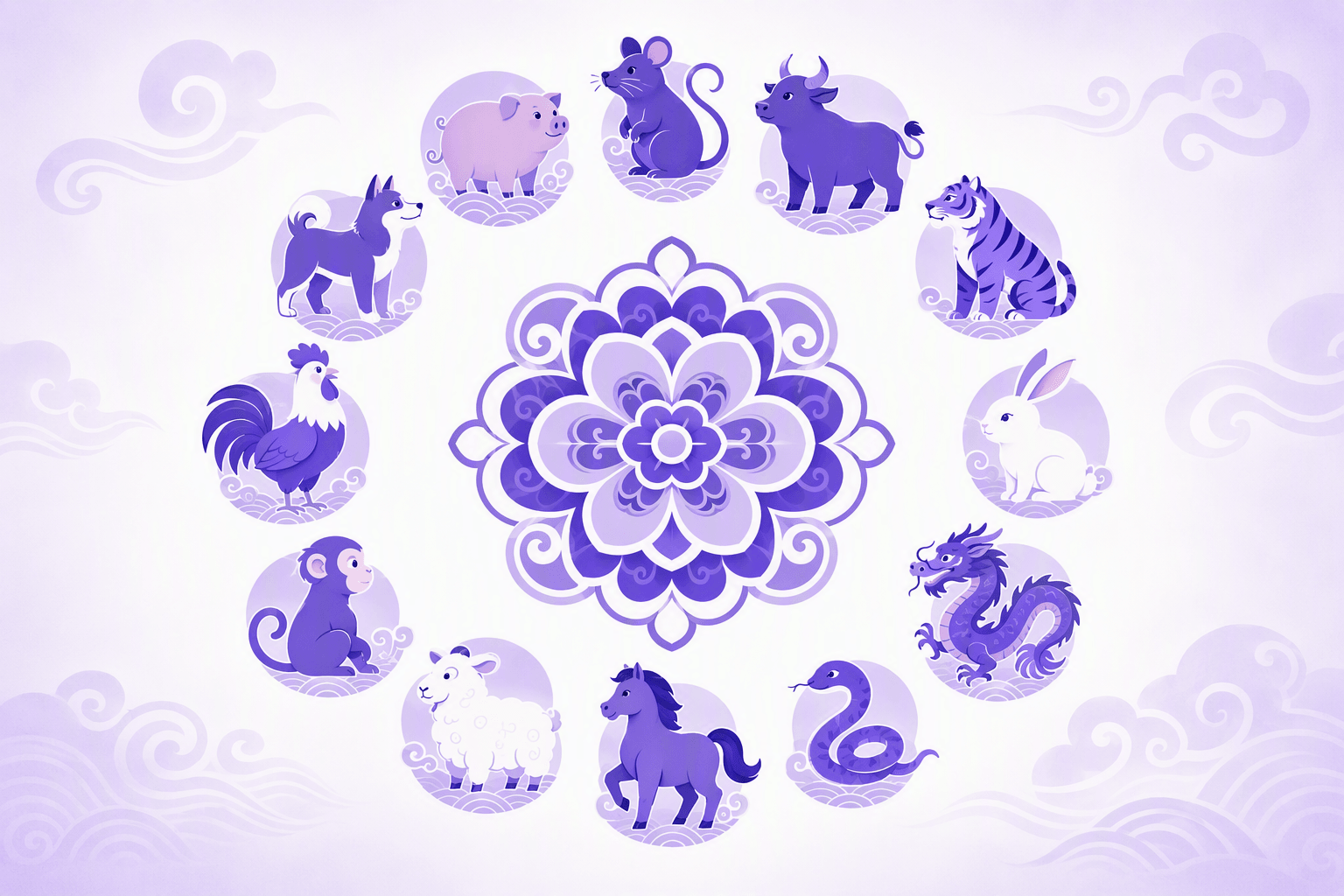 The twelve zodiac animals arranged in a circle around a decorative rosette: rat, ox, tiger, rabbit, dragon, snake, horse, sheep, monkey, rooster, dog and pig