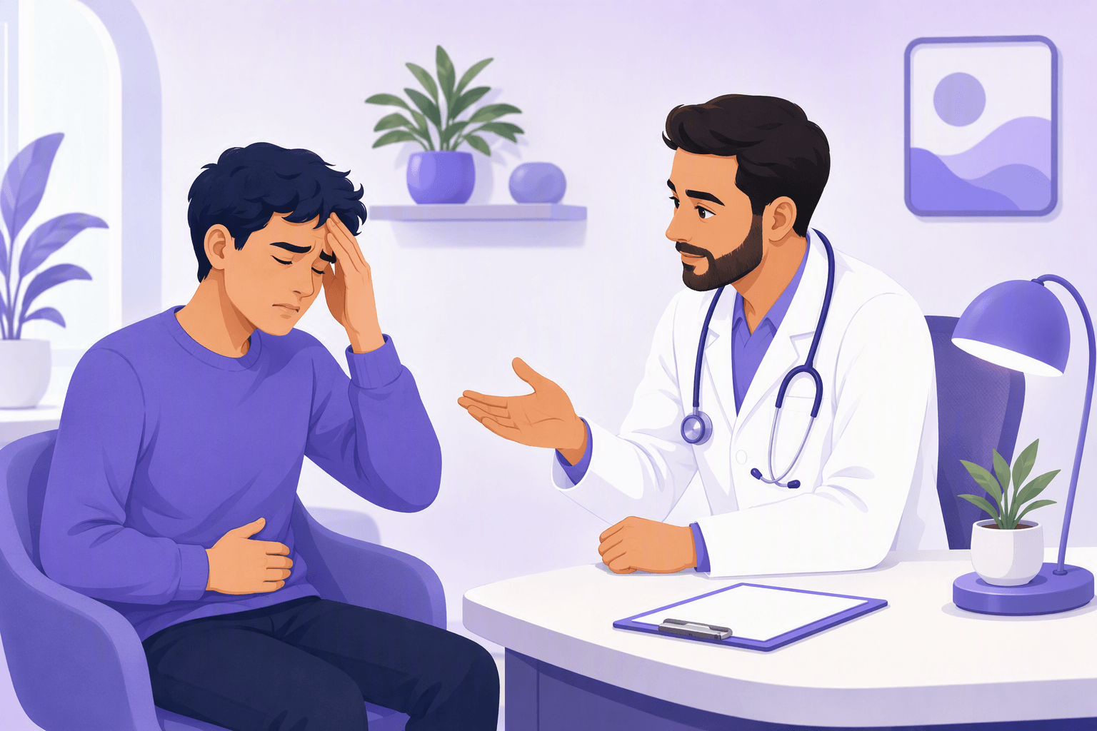 A patient in a clinic pressing one hand to their forehead and the other to their stomach while a doctor in a white coat with a stethoscope leans in and listens with an open-palm gesture
