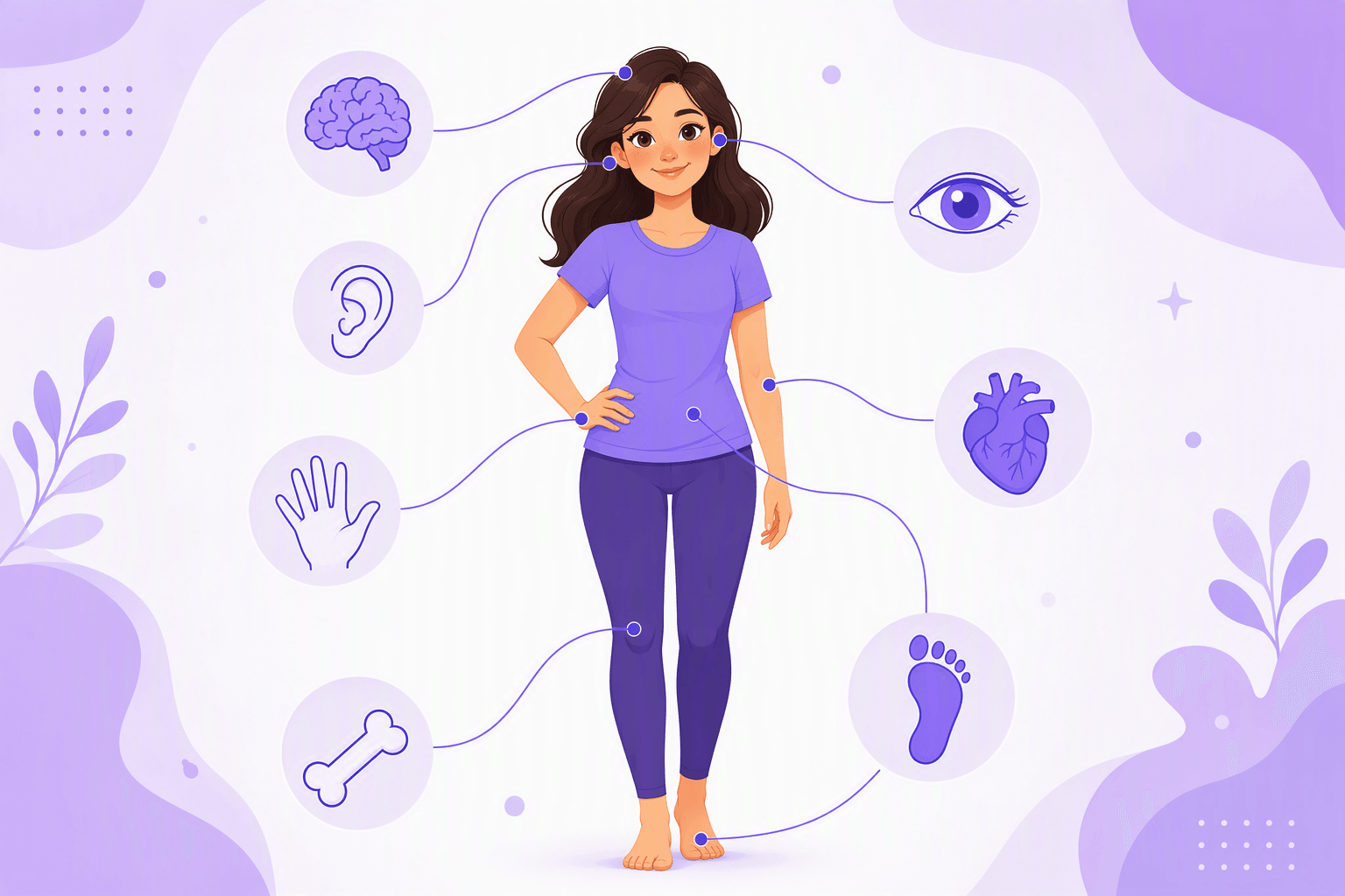 A smiling young woman standing with thin connector lines marking her head, eye, ear, hand, belly, knee and foot, surrounded by circular icons of a brain, an eye, an ear, an open hand, a heart, a bone and a footprint