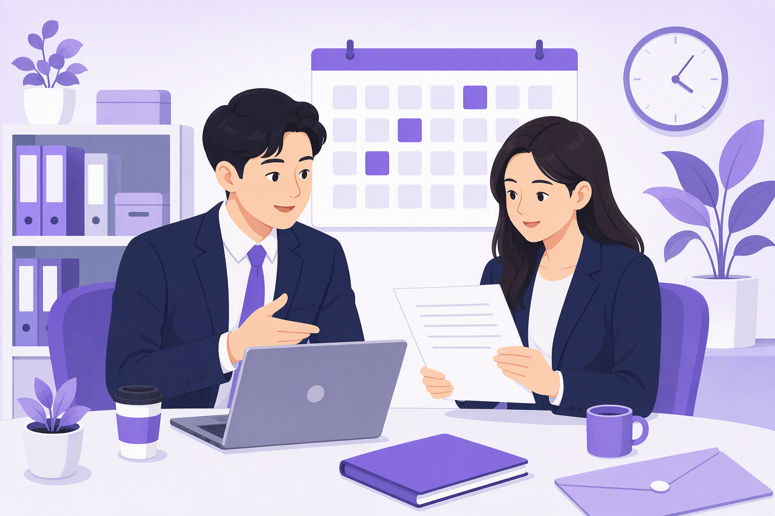 Flat-vector scene of two Korean office professionals reviewing business documents beside a laptop, calendar, clock, folders, envelope, and meeting table in a modern workplace.