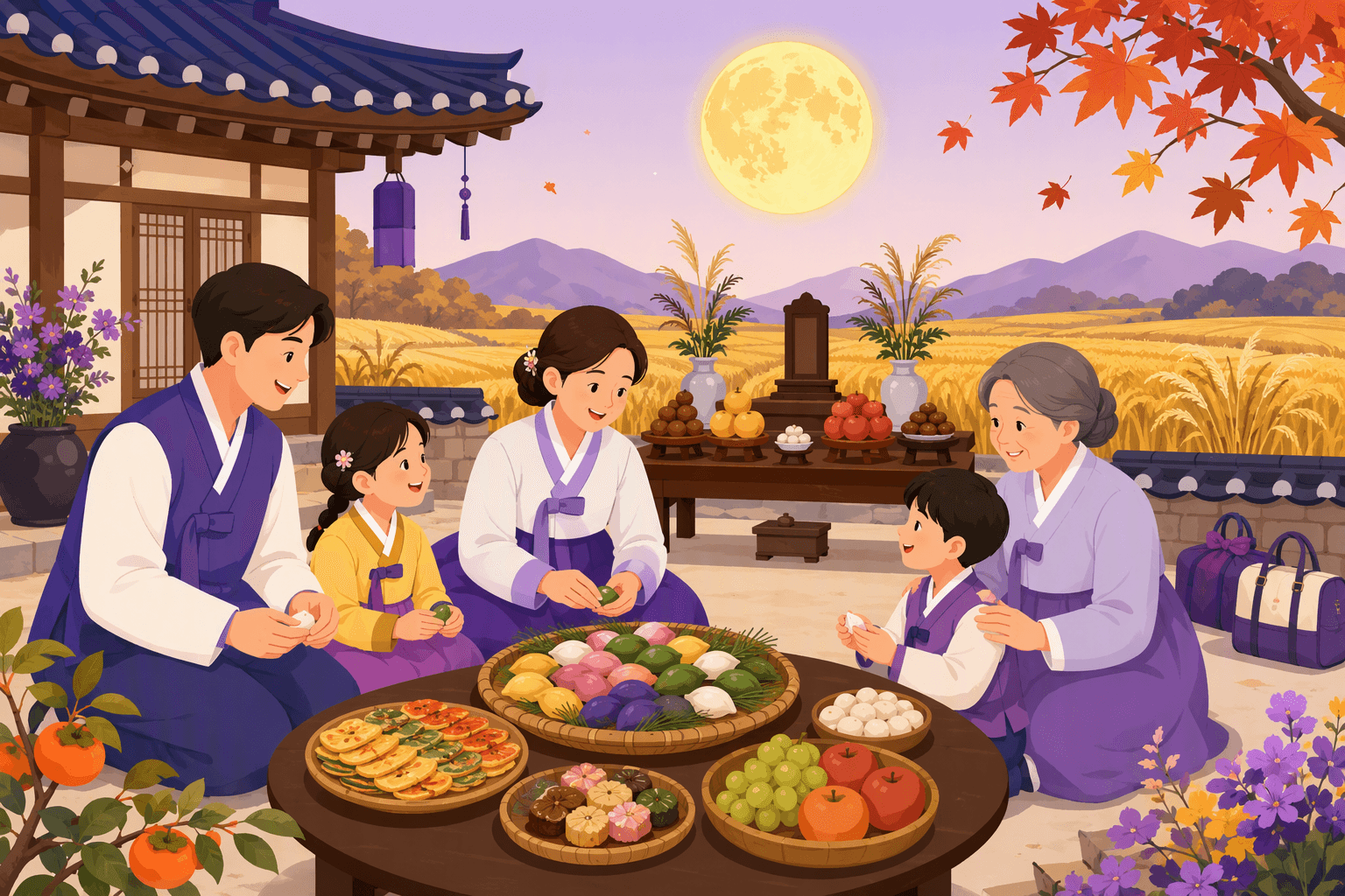 Flat-vector scene of a Korean family wearing hanbok celebrating Chuseok around a table of songpyeon, jeon, fruit, and rice cakes near an ancestral offering table, with autumn rice fields, falling leaves, a full moon, and travel bags behind them.