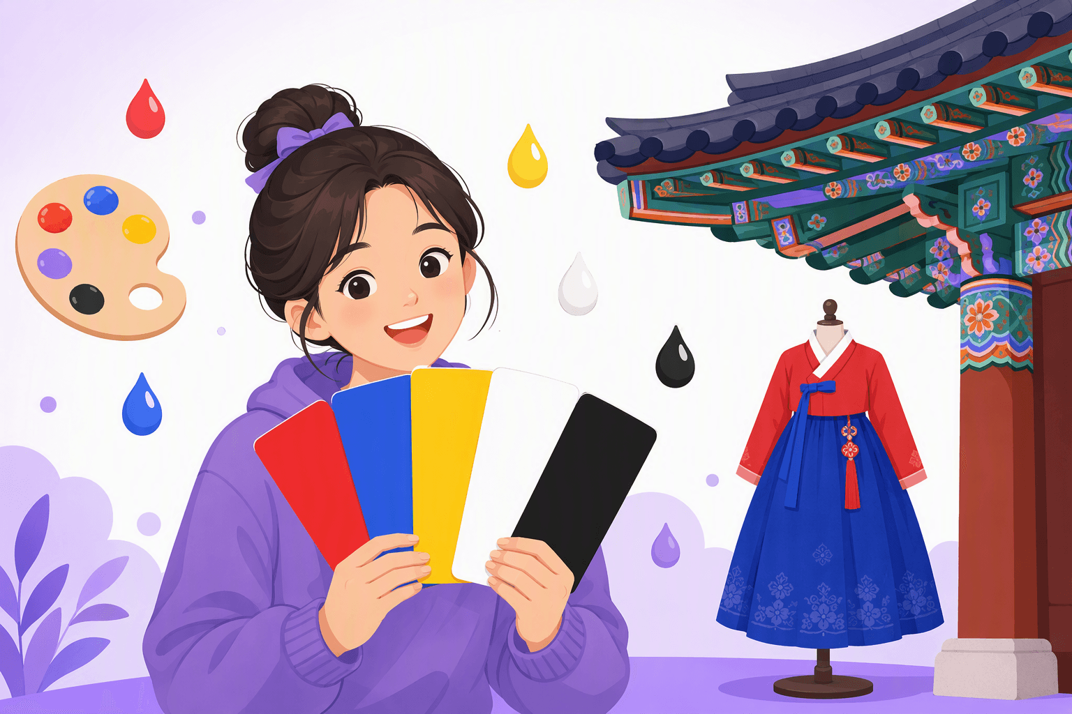 A smiling learner holding up a fan of five paint swatch cards in red, blue, yellow, white and black, standing beside a traditional Korean palace eave painted with multicolored geometric patterns and a red-and-blue hanbok on a stand