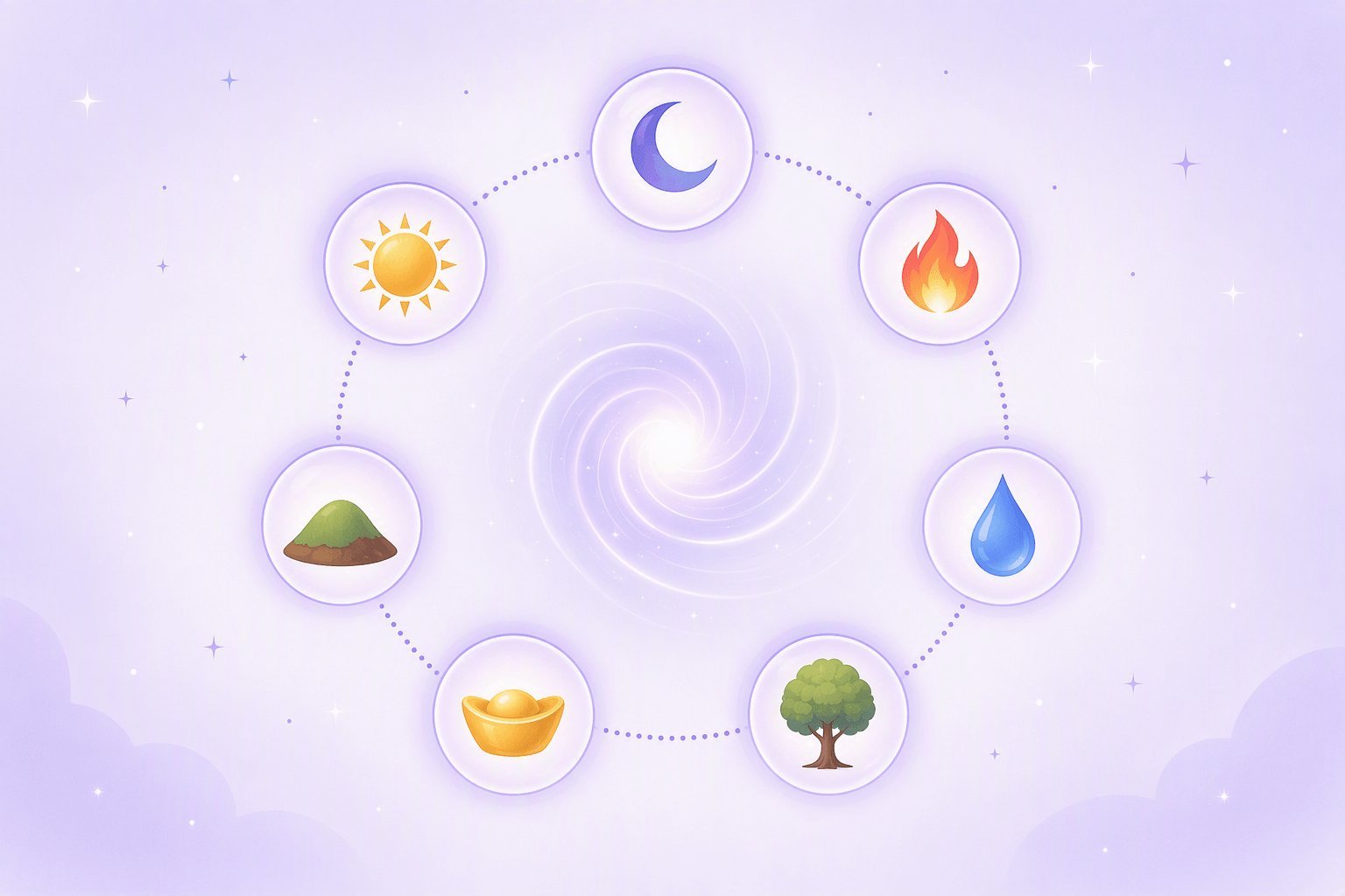 Seven glowing orbs arranged in a ring around a spiral galaxy, each holding one weekday symbol: moon, fire, water, tree, gold, earth, and sun