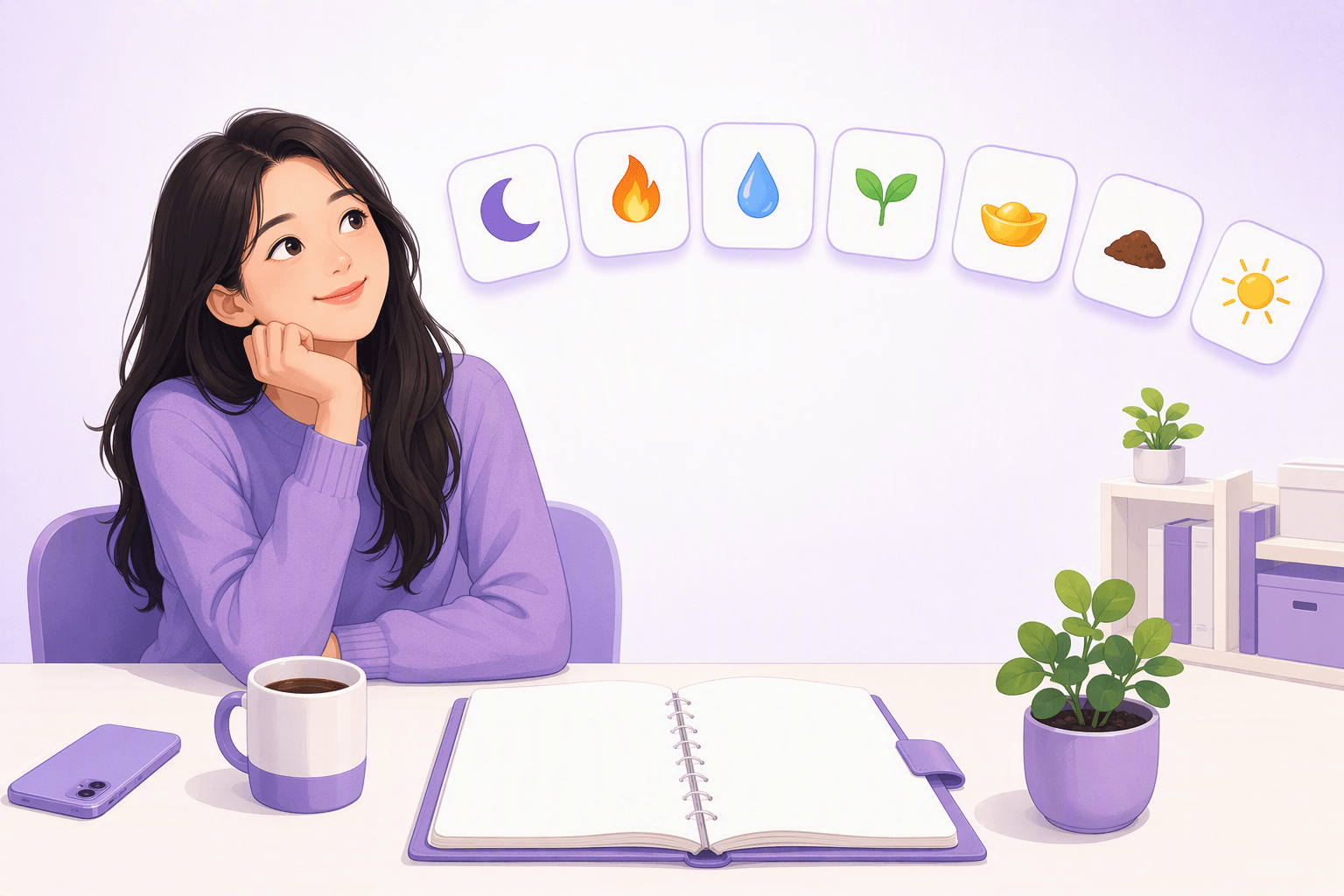 Seven blank cards floating above a study desk, each showing one element icon: crescent moon, flame, water droplet, sprout, gold ingot, mound of earth, and sun