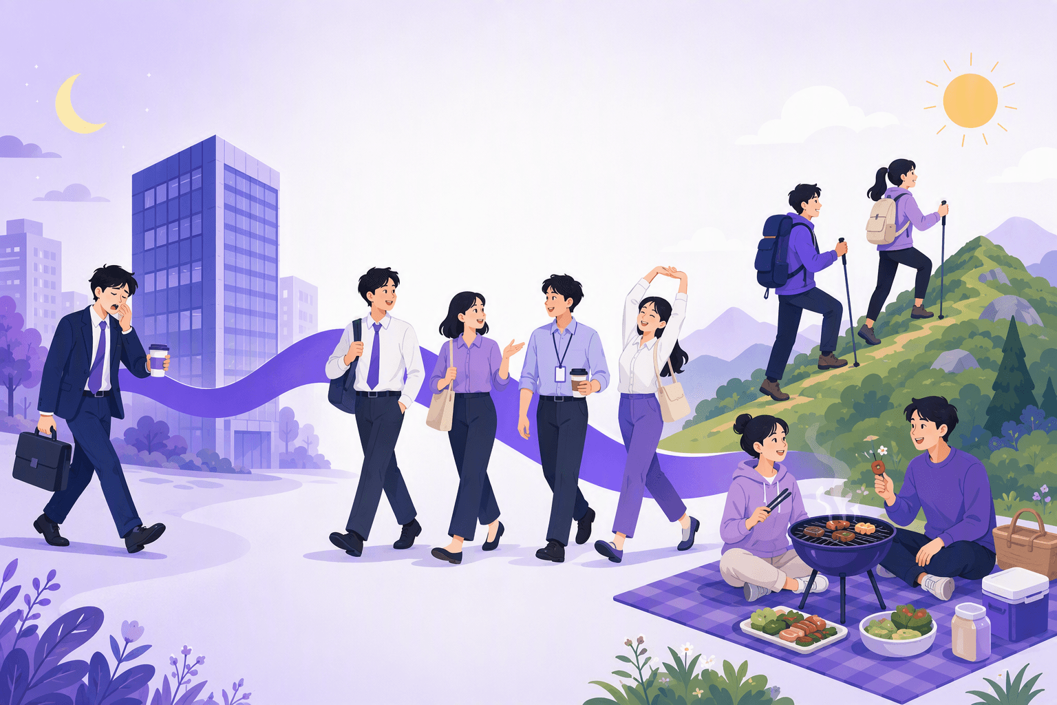 A week in Korea from left to right: a tired office worker under a crescent moon, colleagues walking more lightly, then friends hiking a green mountain and grilling on a picnic mat under the sun