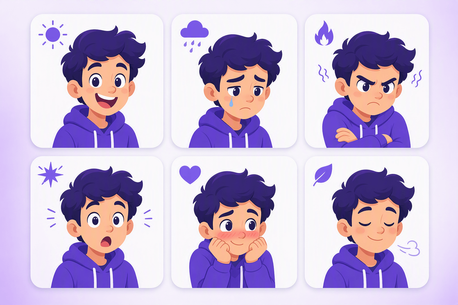 Grid of six illustrated faces showing happiness, sadness, anger, surprise, shyness and relief