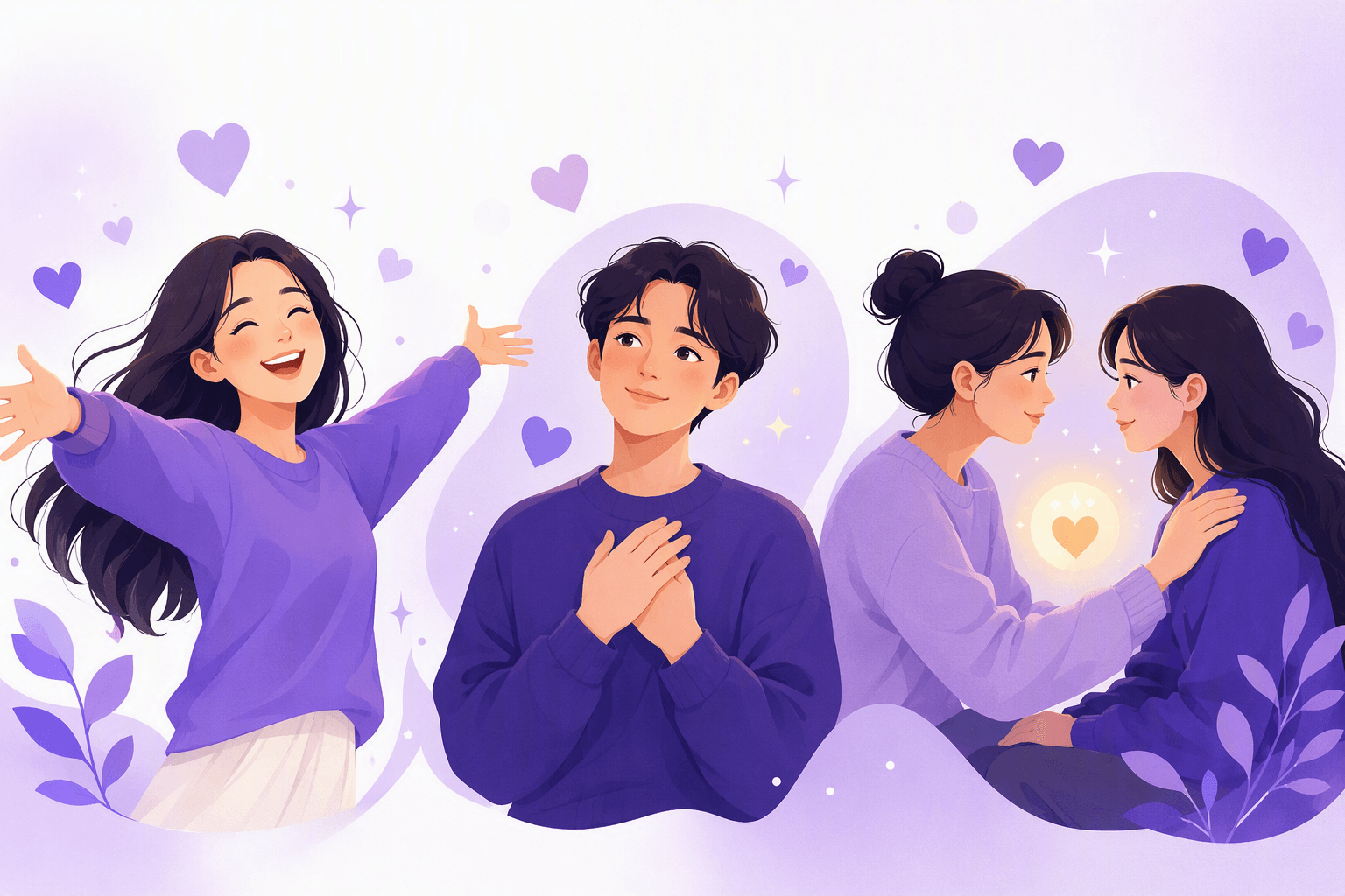 Three illustrated Korean characters showing joy, wistful feeling and a warm bond between friends