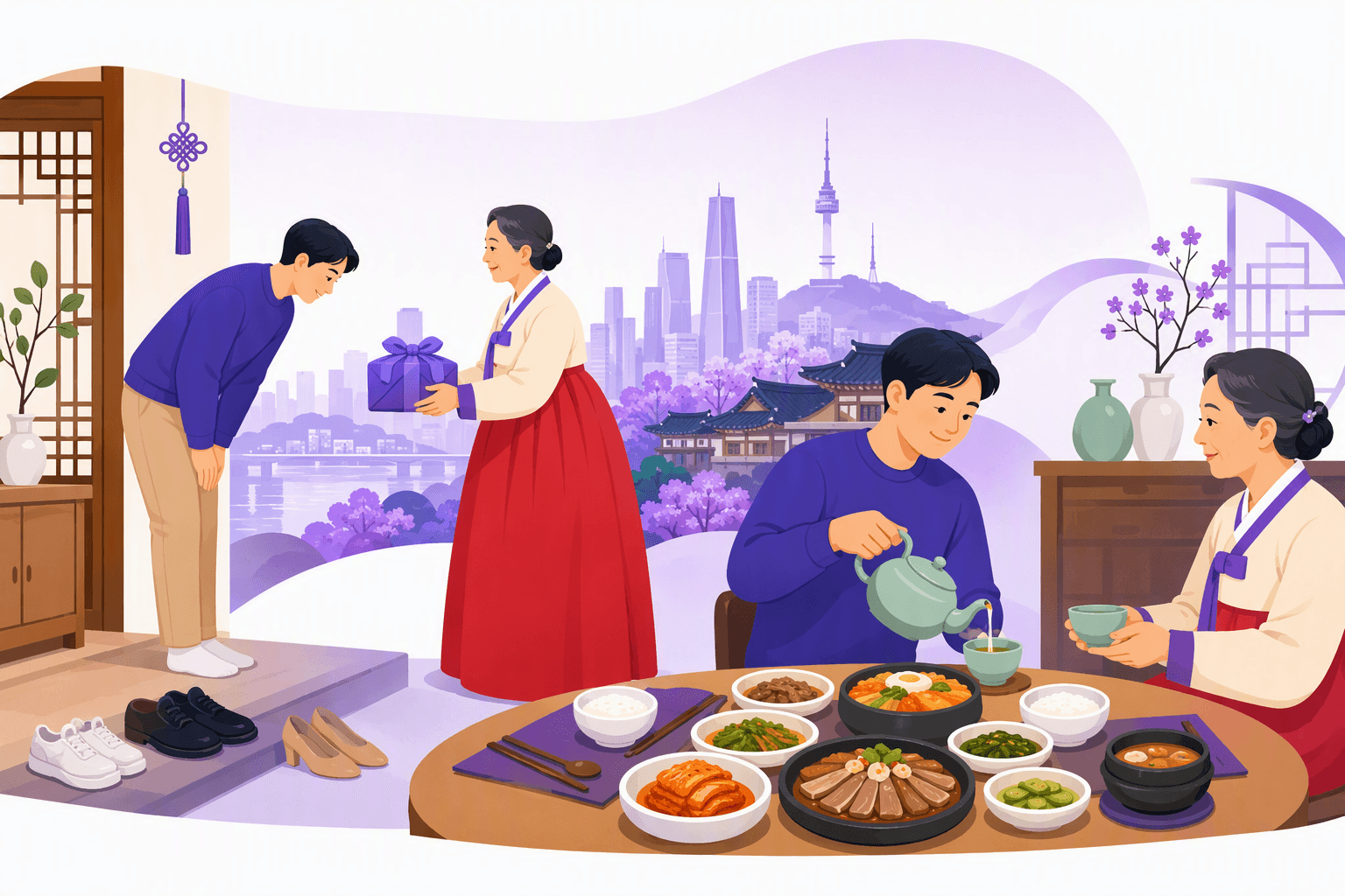 Flat-vector scene showing a young visitor bowing respectfully to an older Korean host while presenting a gift, with Korean dining customs, tea service, removed shoes, and a Seoul skyline represented in the background.