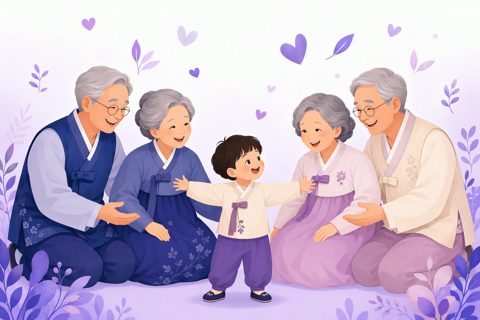 One pair of Korean grandparents in indigo hanbok on the left and a second pair in lilac hanbok on the right, with a small child standing in the centre reaching one hand toward each pair