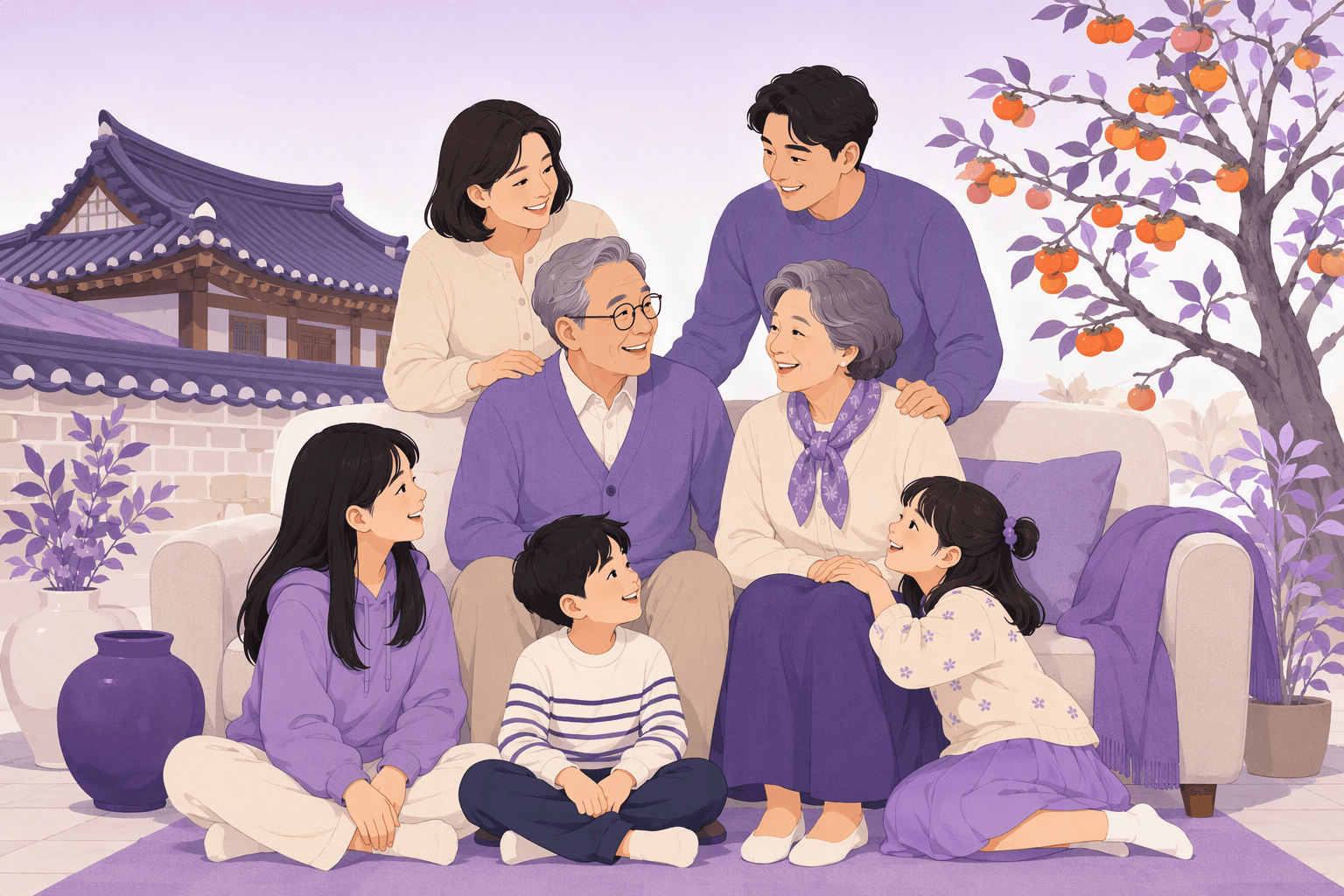 Three generations of a Korean family together in a living room: grandparents seated on a sofa, parents standing behind them, and three children sitting on the floor in front, with a hanok tiled roofline and a persimmon tree in the background