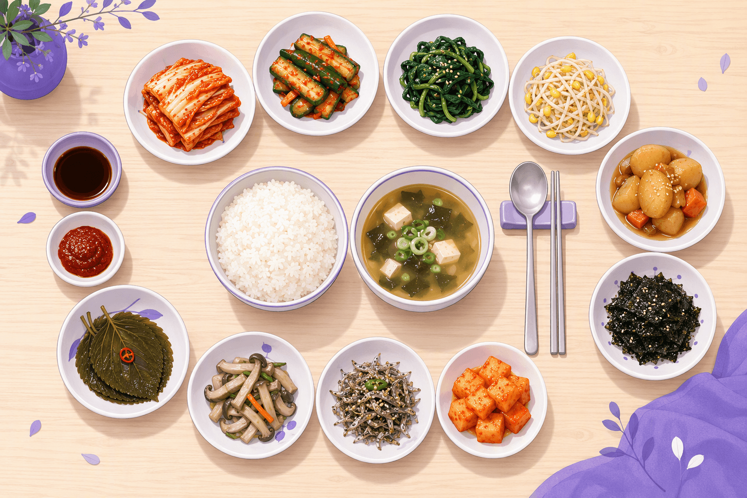 Top-down view of a Korean home meal: a bowl of rice and a bowl of soup in the center, chopsticks and a spoon on a rest, surrounded by ten small side dishes including kimchi, seasoned spinach, bean sprouts, seaweed and braised potatoes