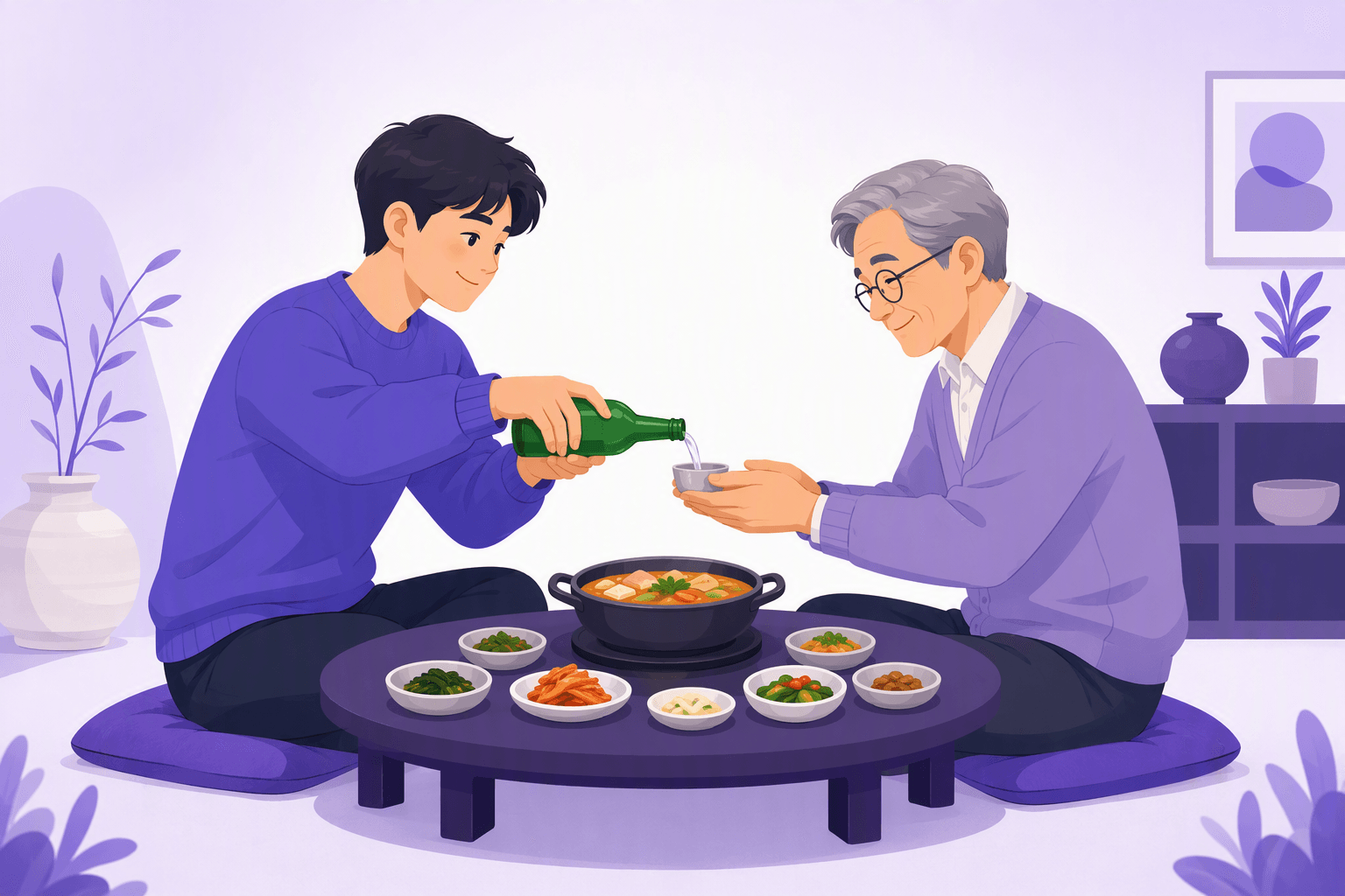 A younger person pouring a drink for a grey-haired elder at a low Korean table, the elder receiving the small cup with both hands, with a shared stew pot and side dishes between them