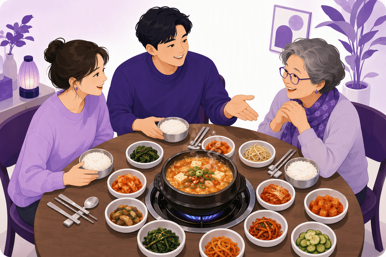 Three people of different ages sharing a Korean table with a bubbling stew pot in the middle, bowls of rice and many small banchan side dishes, spoons and chopsticks at each place