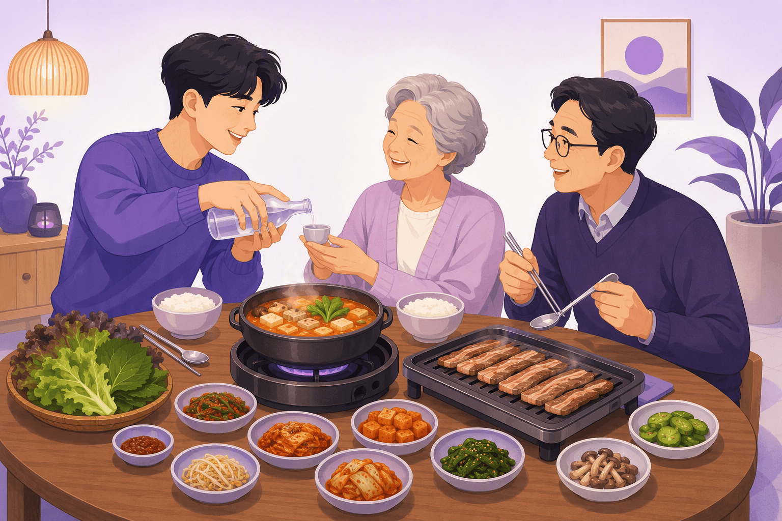 Three generations sharing a Korean table with a stew pot, rice bowls, a tabletop grill and many small banchan dishes, while the youngest person pours a drink for the eldest with both hands