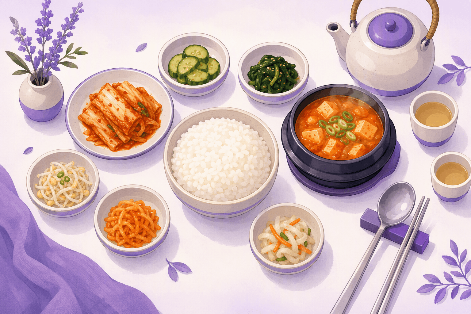 A Korean table set for a shared meal: a bowl of steamed white rice, a bubbling tofu stew, a plate of napa cabbage kimchi, small bowls of banchan side dishes, a teapot with two cups, and metal chopsticks with a spoon