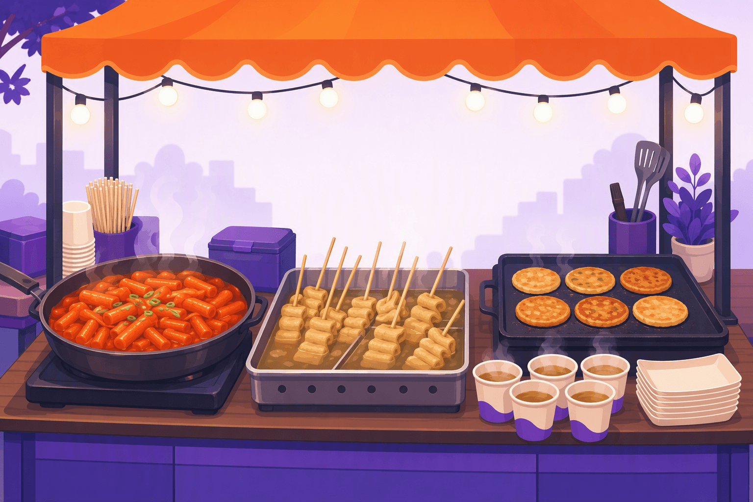 A Korean street food stall under an orange tent awning at night: a wide pan of spicy red rice cakes, skewered fish cakes standing in broth, sweet pancakes on a griddle, paper cups of hot broth and a stack of paper trays