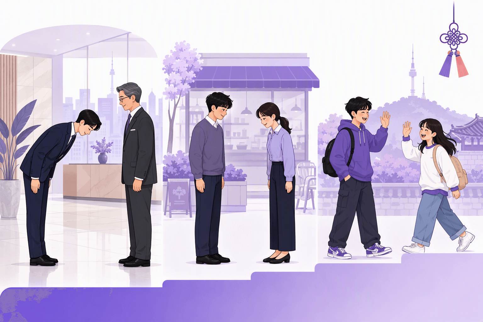 Three Korean greeting scenes side by side: a deep bow to a senior colleague in an office lobby, a small respectful nod between two coworkers, and two teenage friends waving casually, with a stair-step gradient showing formality decreasing from left to right
